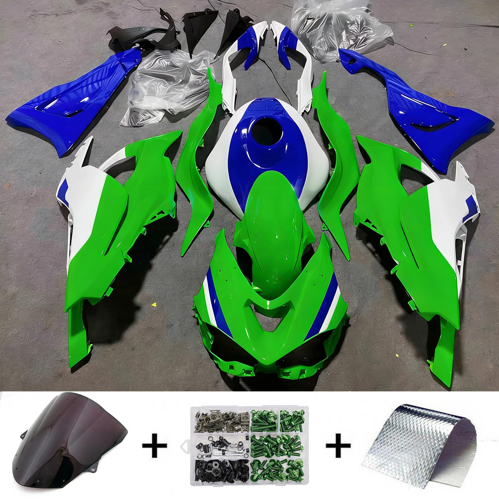 Amotopart 2024-2026 Kawasaki ZX-6R Green Blue White Fairing Kit
