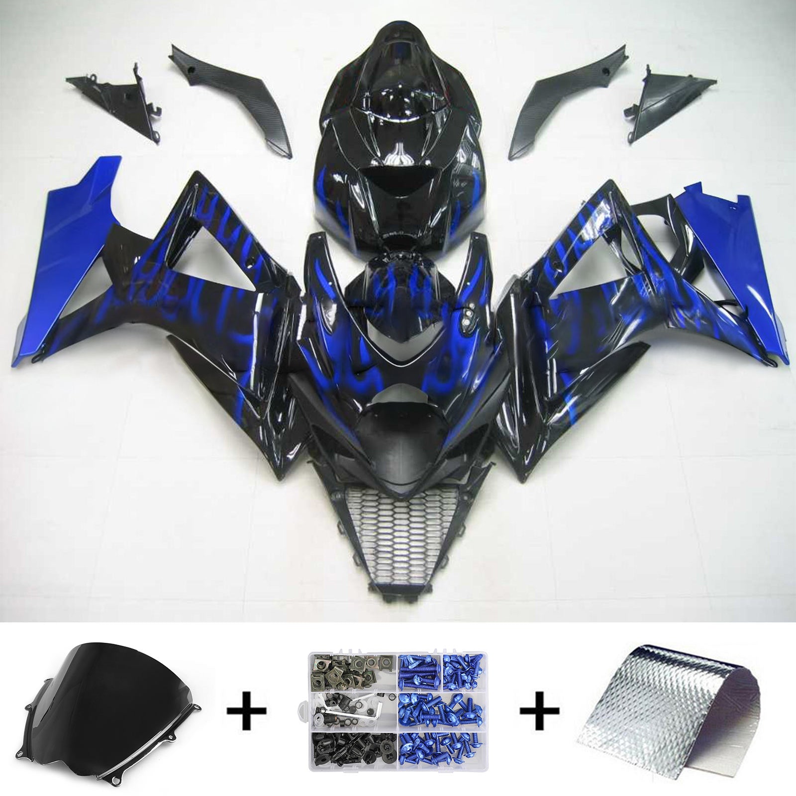 Amotopart 2007-2008 Suzuki GSXR1000 Fairing Black&Blue Fire Kit