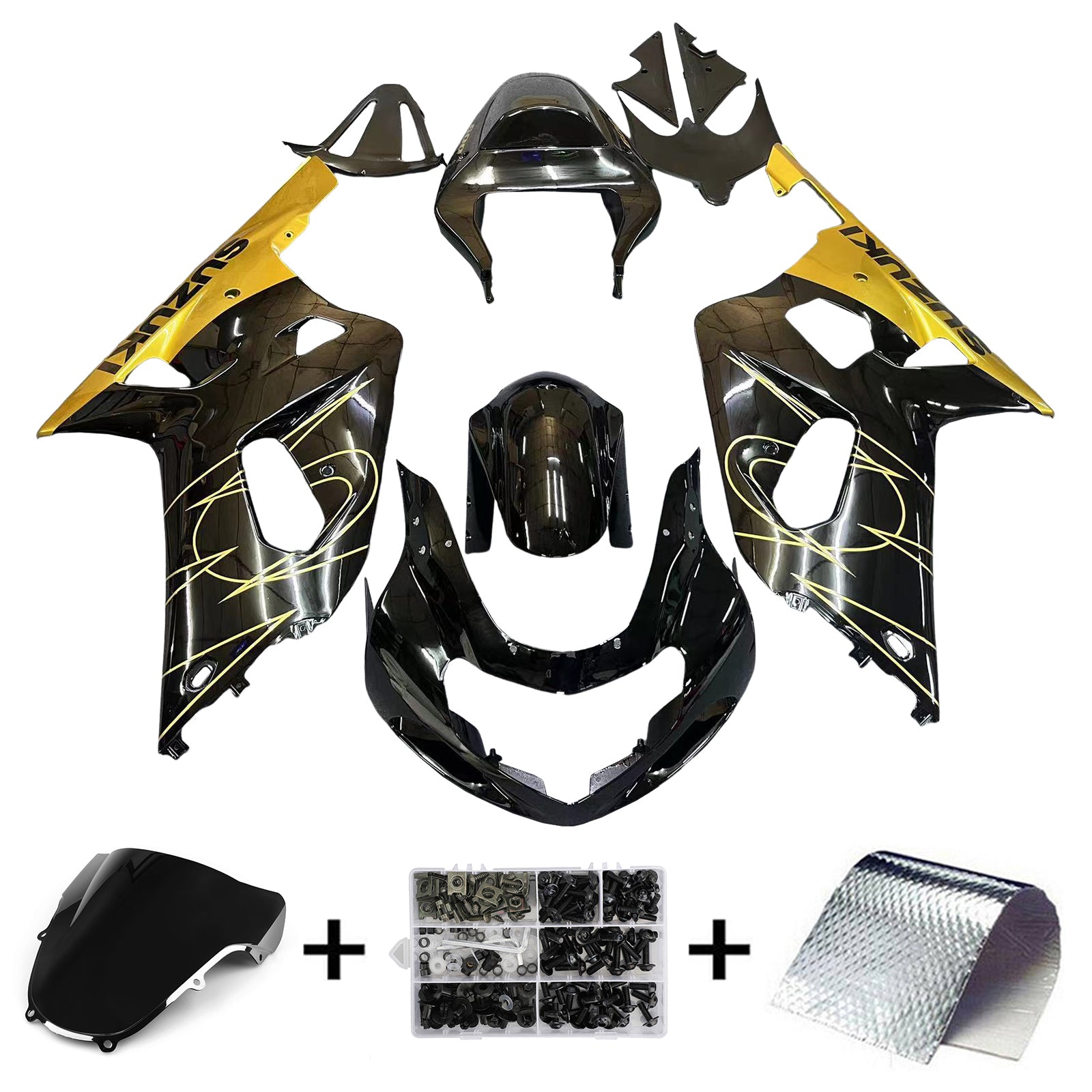 Amotopart Suzuki 01-03 GSXR600 & 00-03 GSXR750 Black Gold Fairing Kit