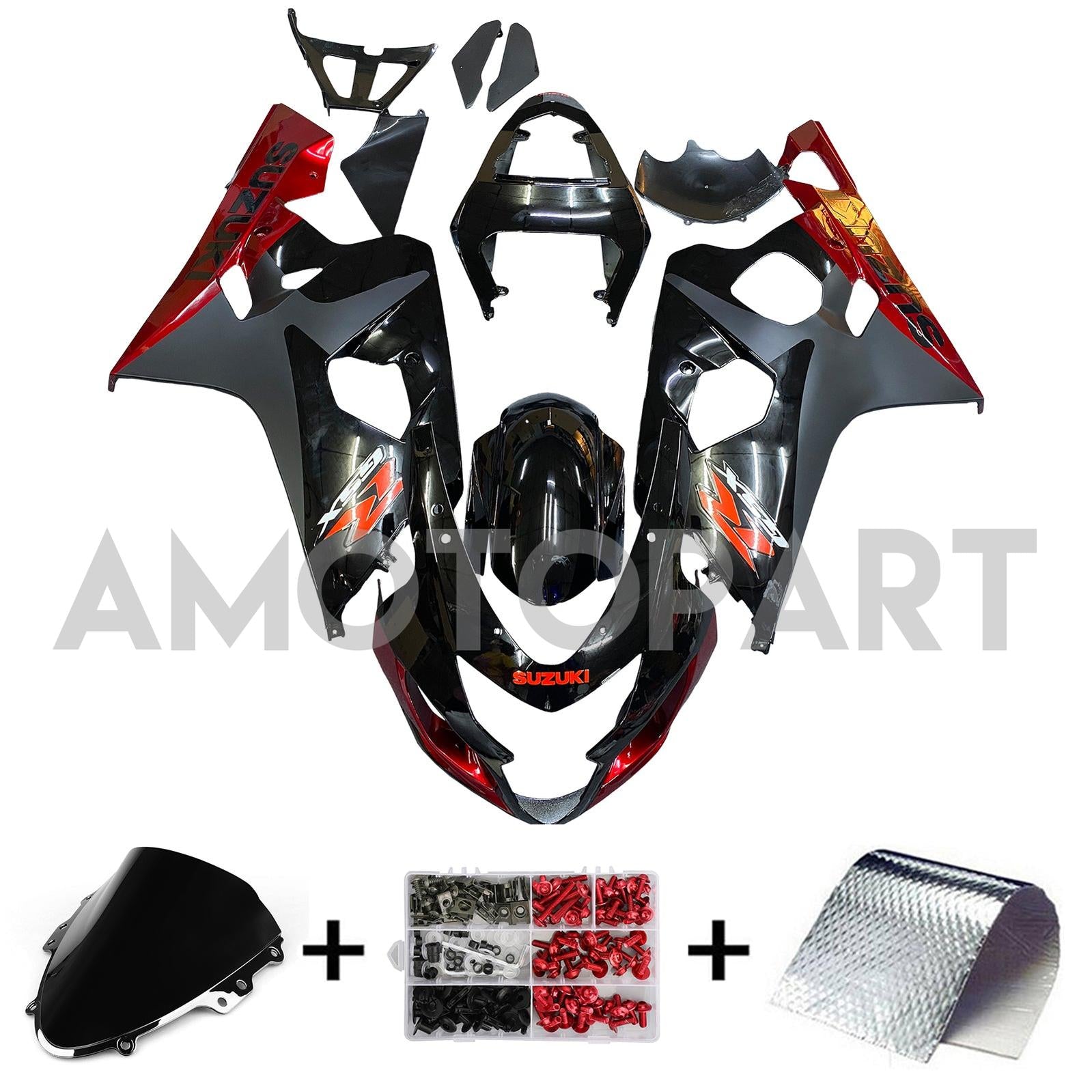 Amotopart Suzuki 2004-2005 GSXR 600/750 Schwarz mit roter Verkleidung Kit