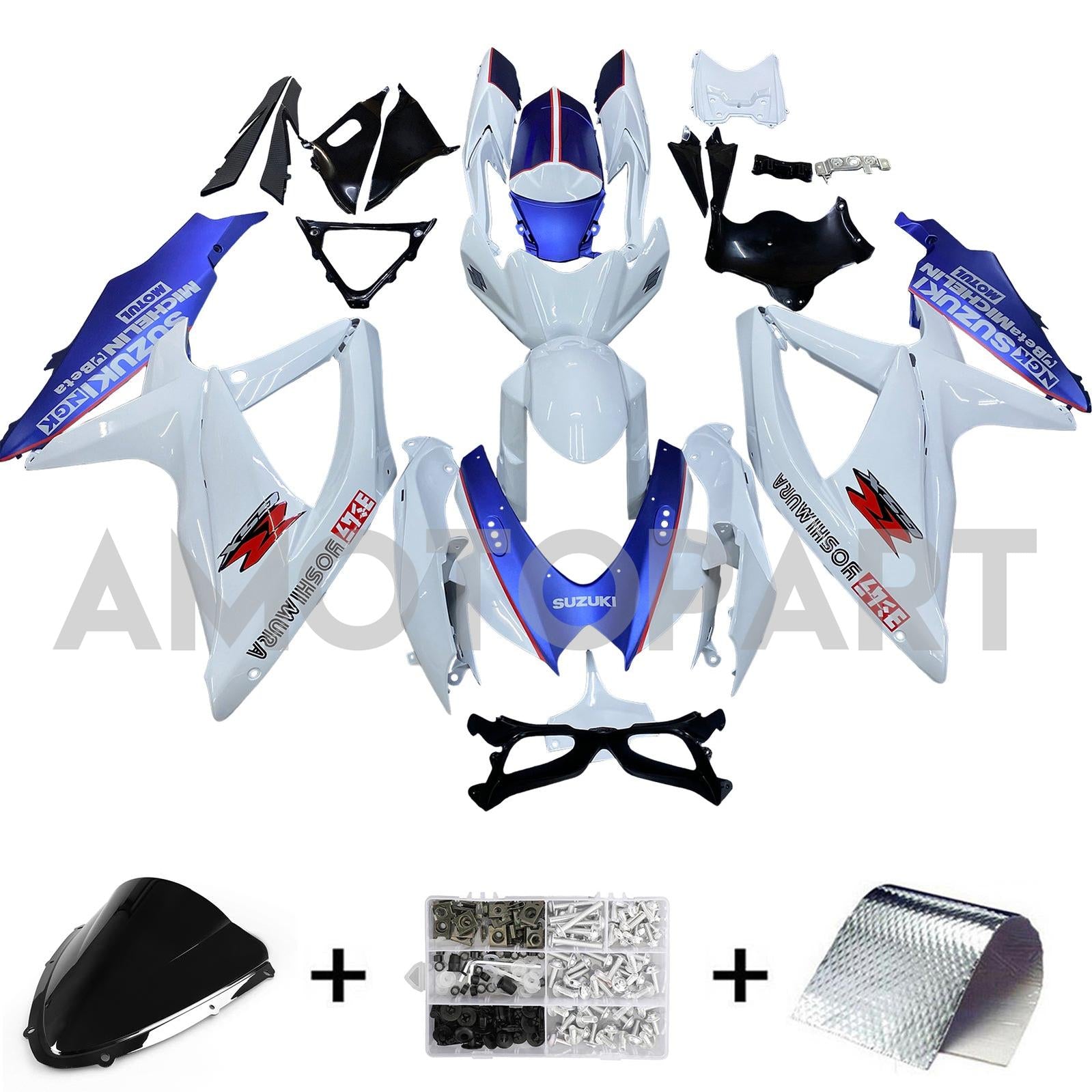 Amotopart 2008-2010 Suzuki GSXR600/750 Fansing White & Matte Dark Blue Kit
