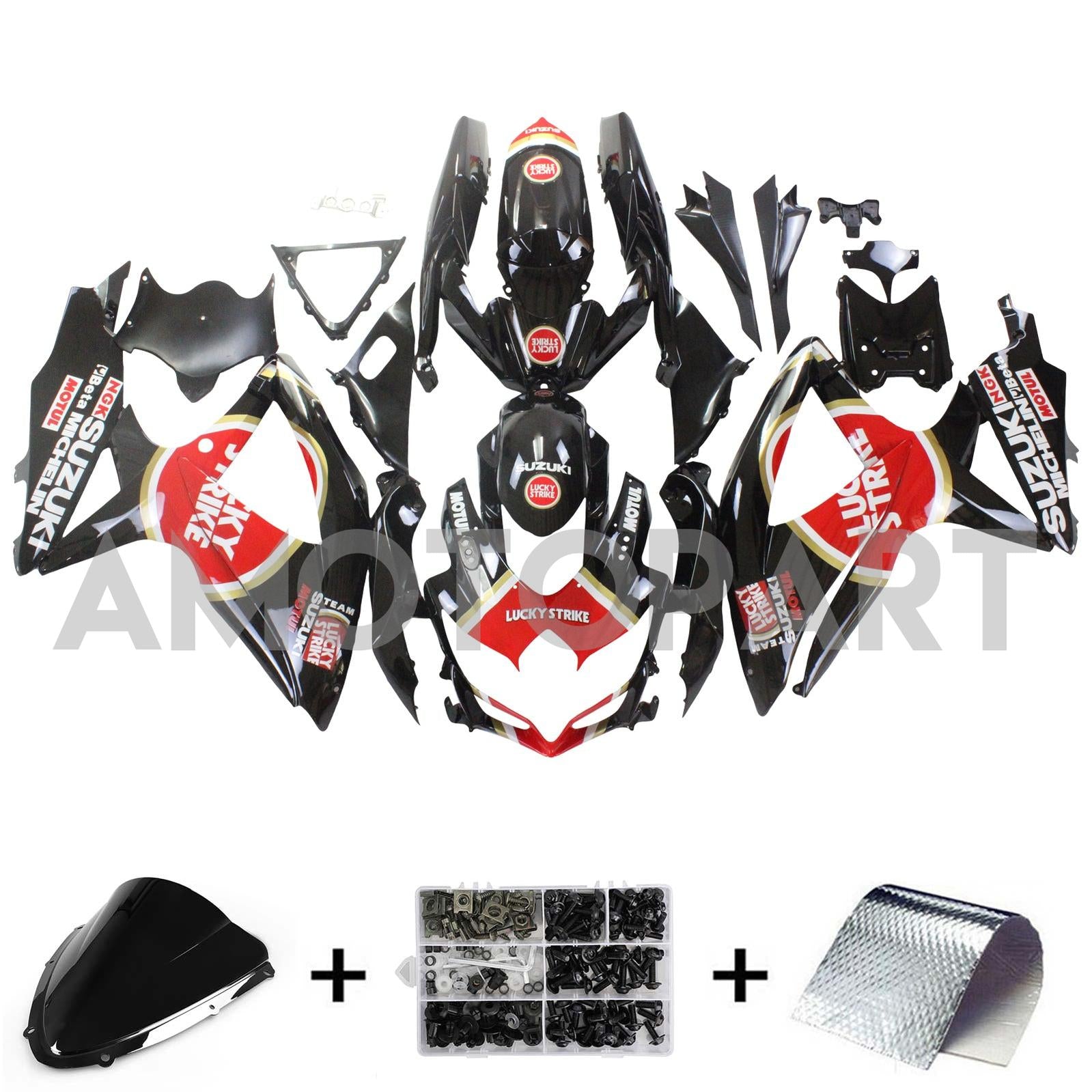 Amotopart 2008–2010 Suzuki GSXR600/750 Verkleidung Lucky Strike Rot&Schwarzes Kit
