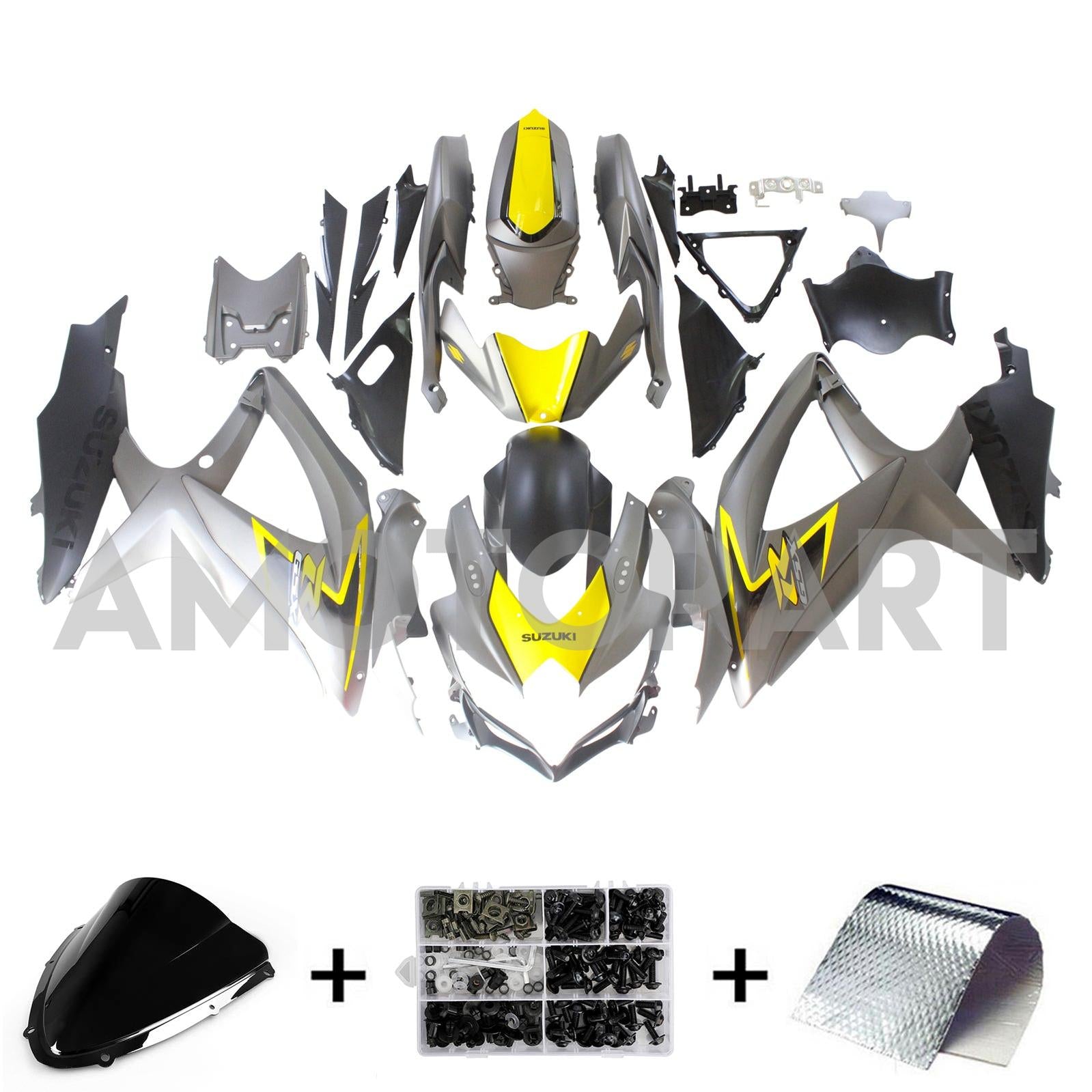 Amotopart 2008-2010 Suzuki GSXR600/750 Fansing Matte Dark Grey & Yellow Kit