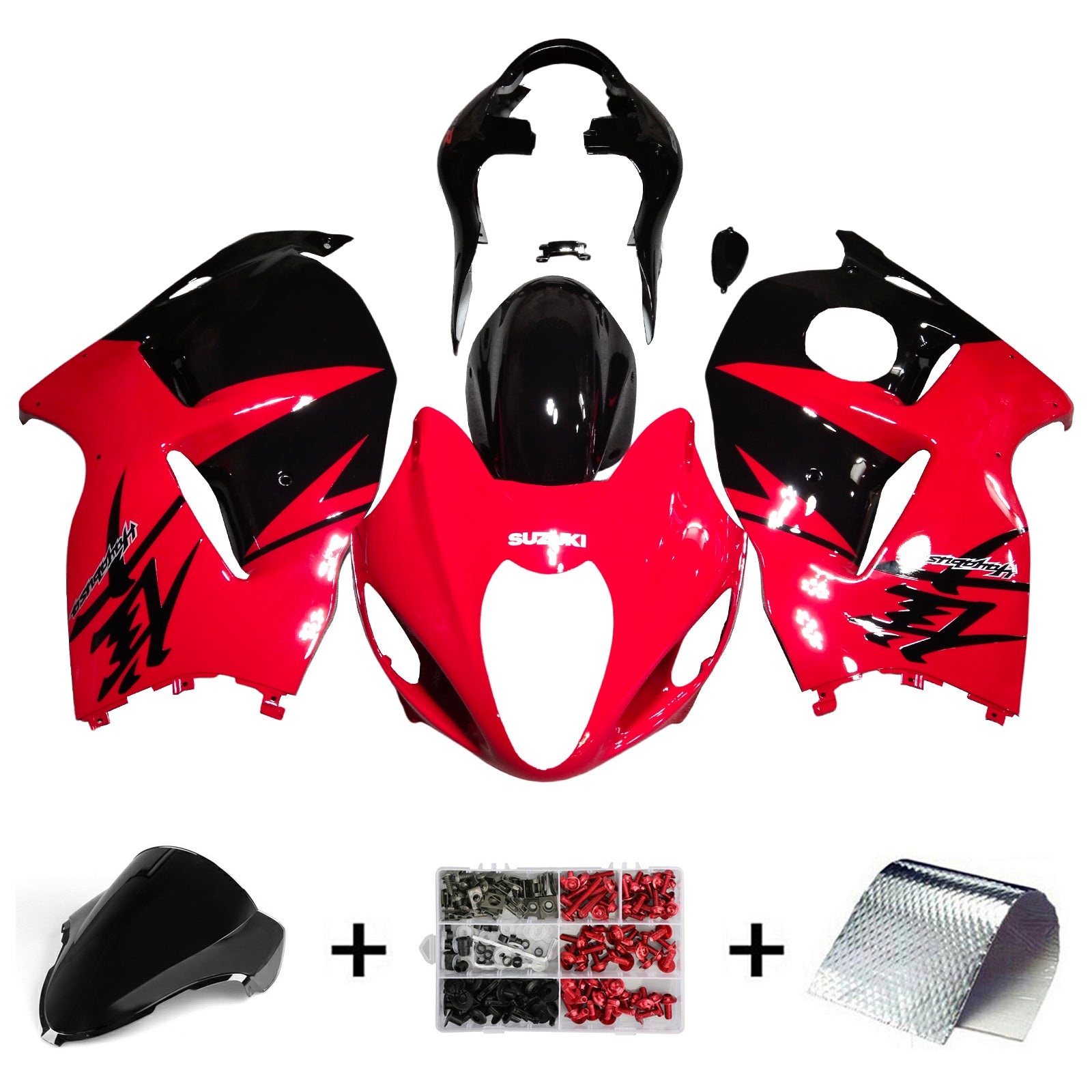 Amotopart Suzuki Hayabusa GSX1300R 1999-2007 Rouge brillant&Kit de carénage Black Style1