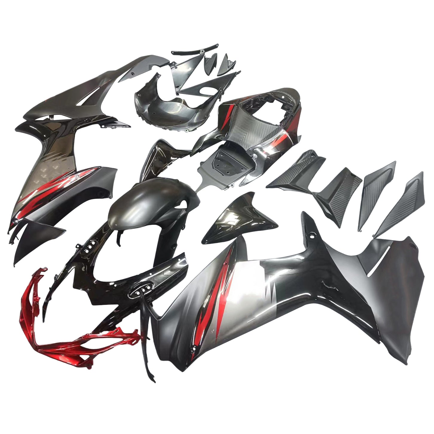Amotopart 2011–2025 GSXR 600/750 Suzuki Matt&Verkleidungssatz in Hochglanzschwarz mit roten Akzenten