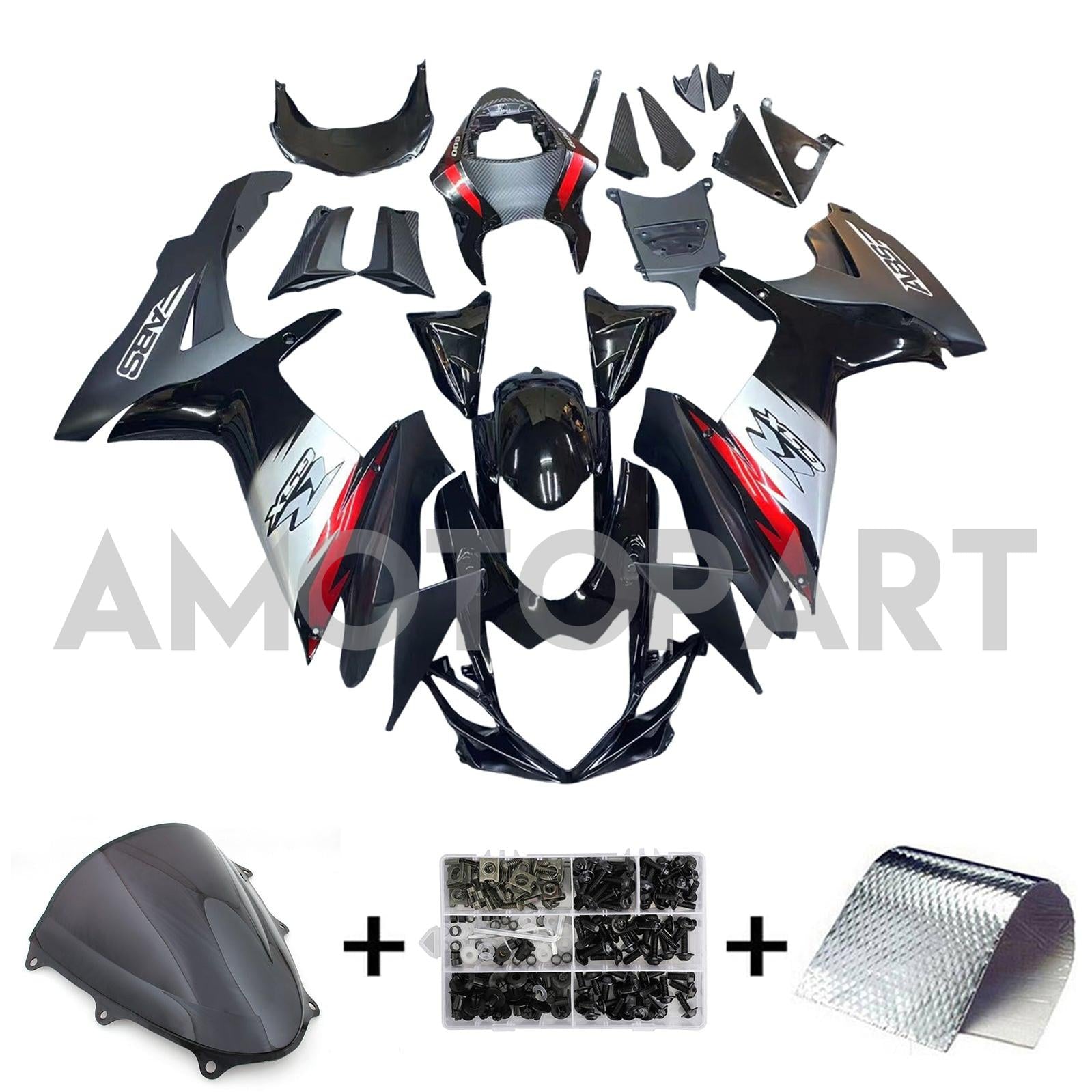 Amotopart 2011-2025 GSXR 600/750 Suzuki Black with Red Accents Fairing Kit
