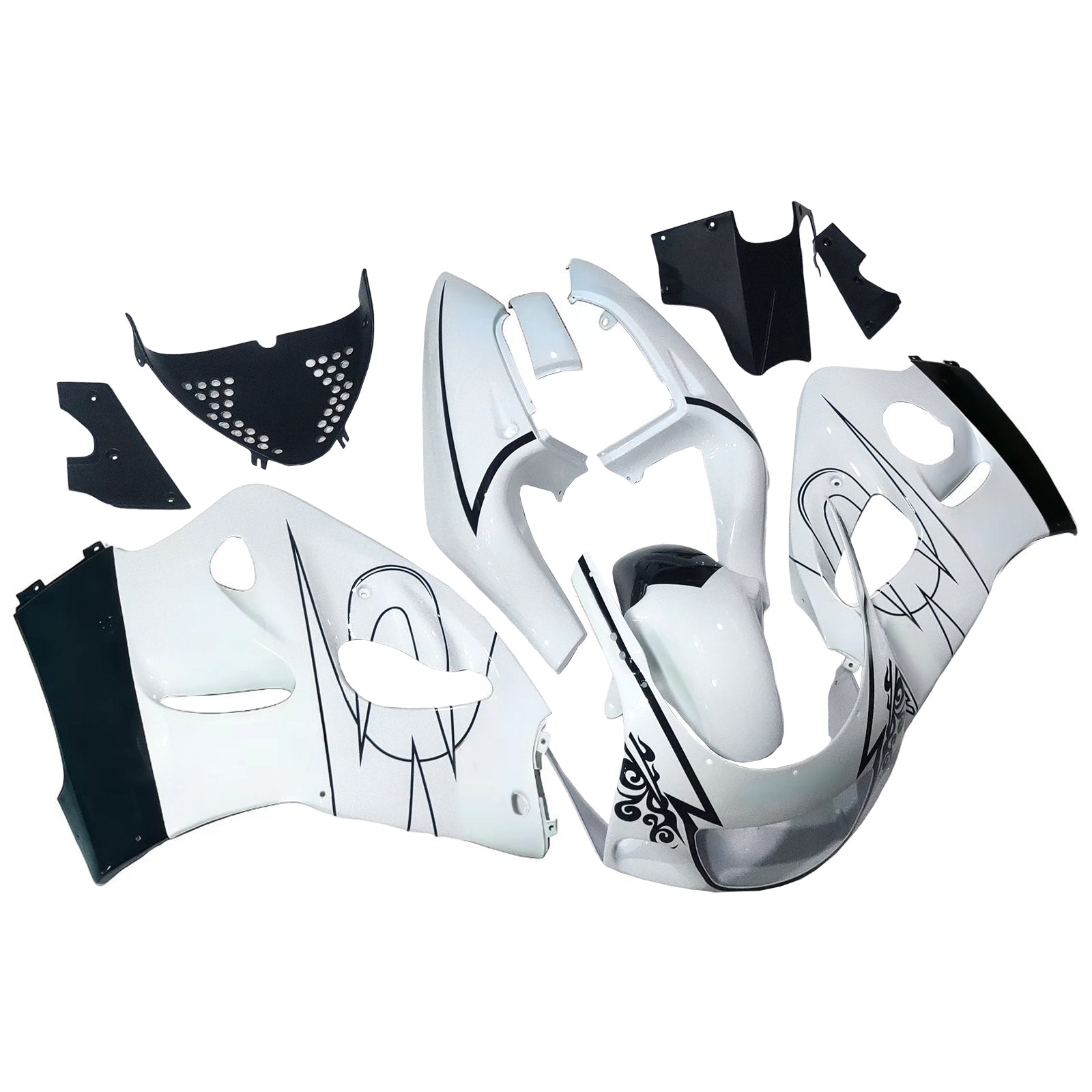 Amotopart Verkleidungsset für Suzuki GSXR600 1996–2000, GSXR750 1996–1999, Weiß mit schwarzem Muster, Style2