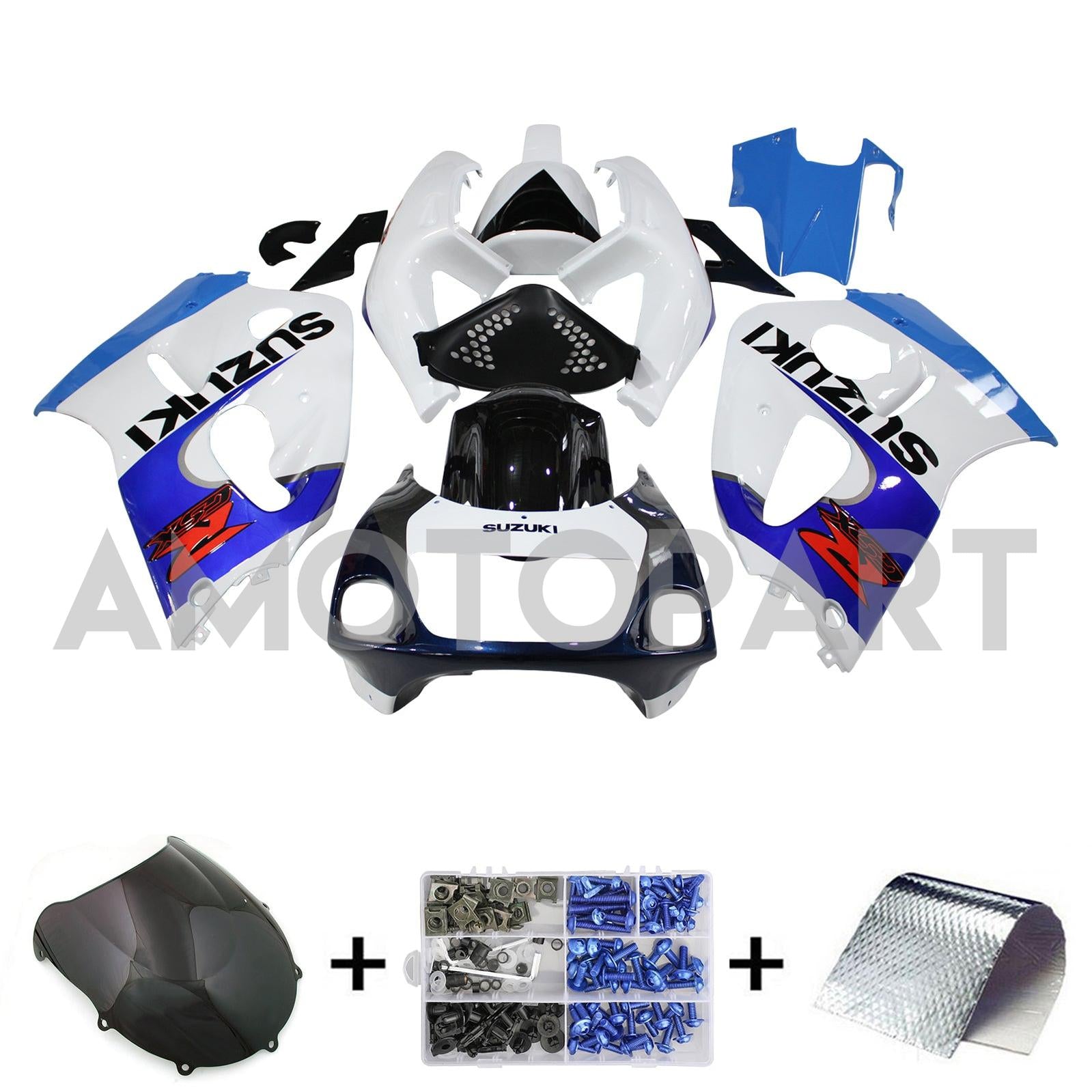 Amotopart Suzuki GSXR600 1996-2000 GSXR750 1996-1999 Bleu&Kit de carénage blanc Style4