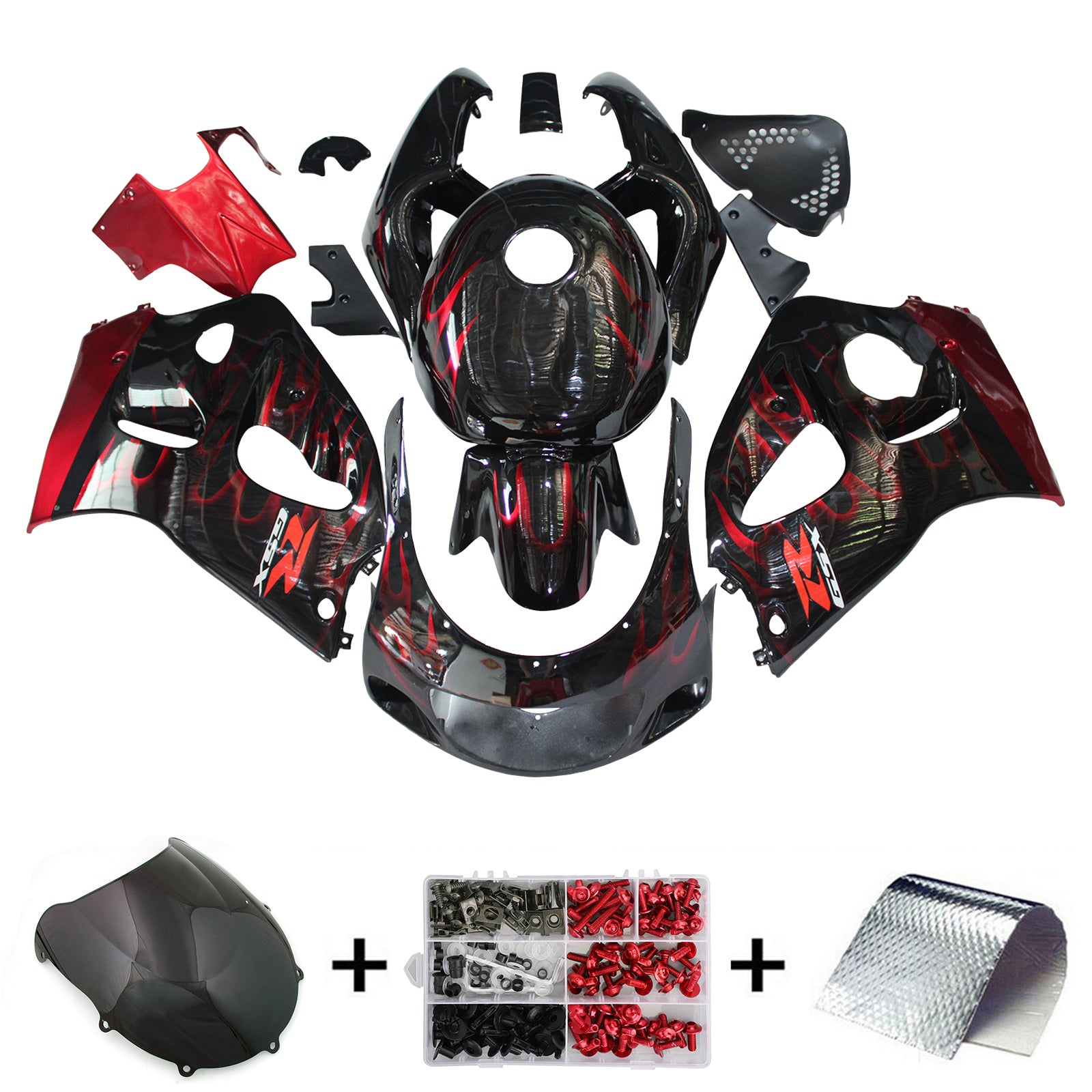 Amotopart Suzuki GSXR600 1996-2000 GSXR750 1996-1999 Blue com Red Flame Style1 Kit de carenagem