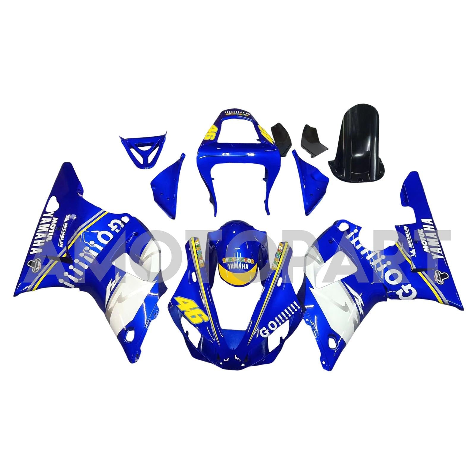 Amotopart 2000-2001 Yamaha YZF 1000 R1 Bleu&Kit de carénage blanc Style1