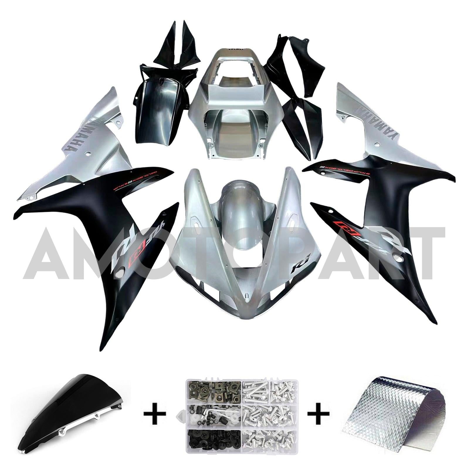 Amotopart 2002-2003 YZF-R1 Yamaha Black & Silver Fairing Kit