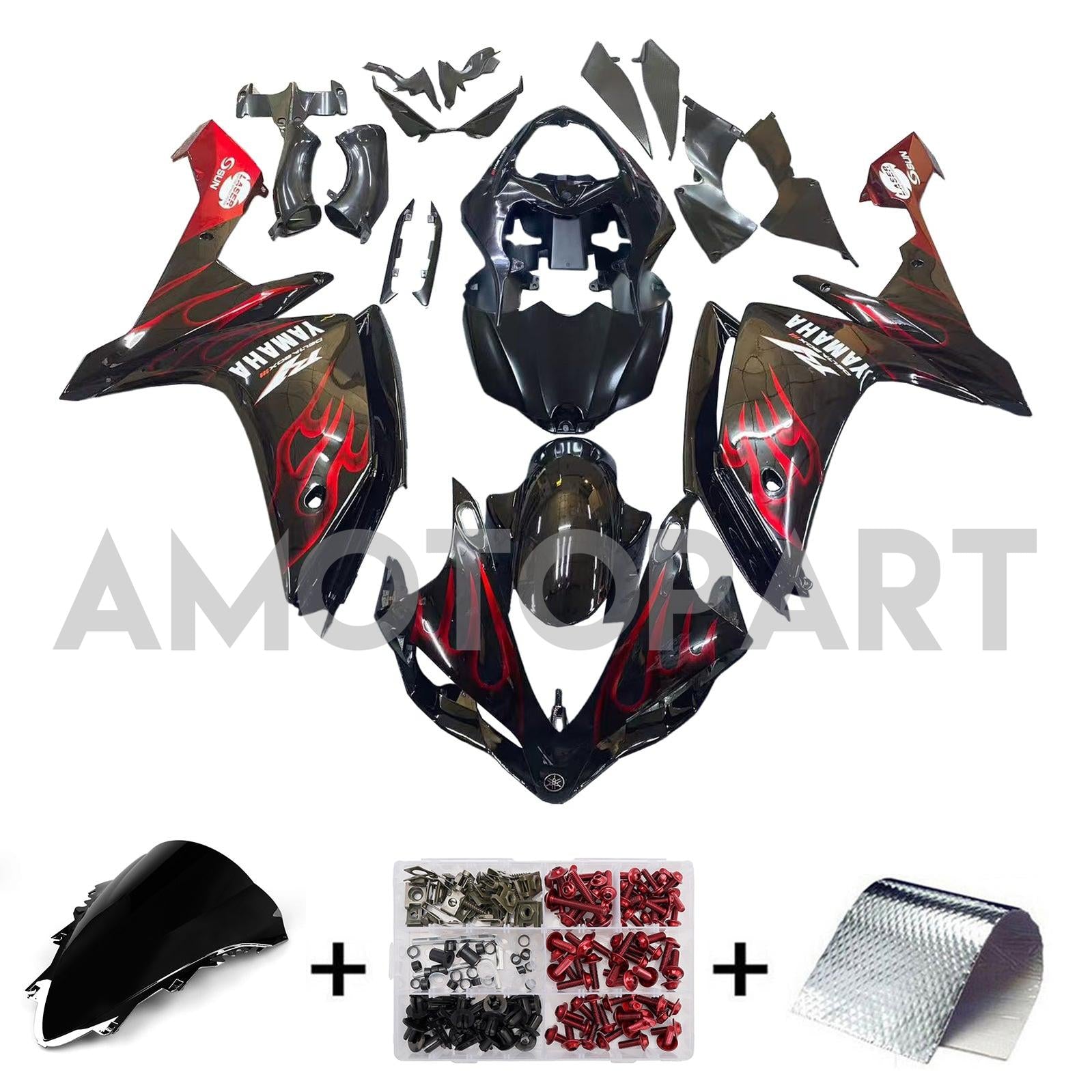 Amotopart 2007-2008 ヤマハ YZF 1000 R1 グロスブラック レッドフレームフェアリングキット付き