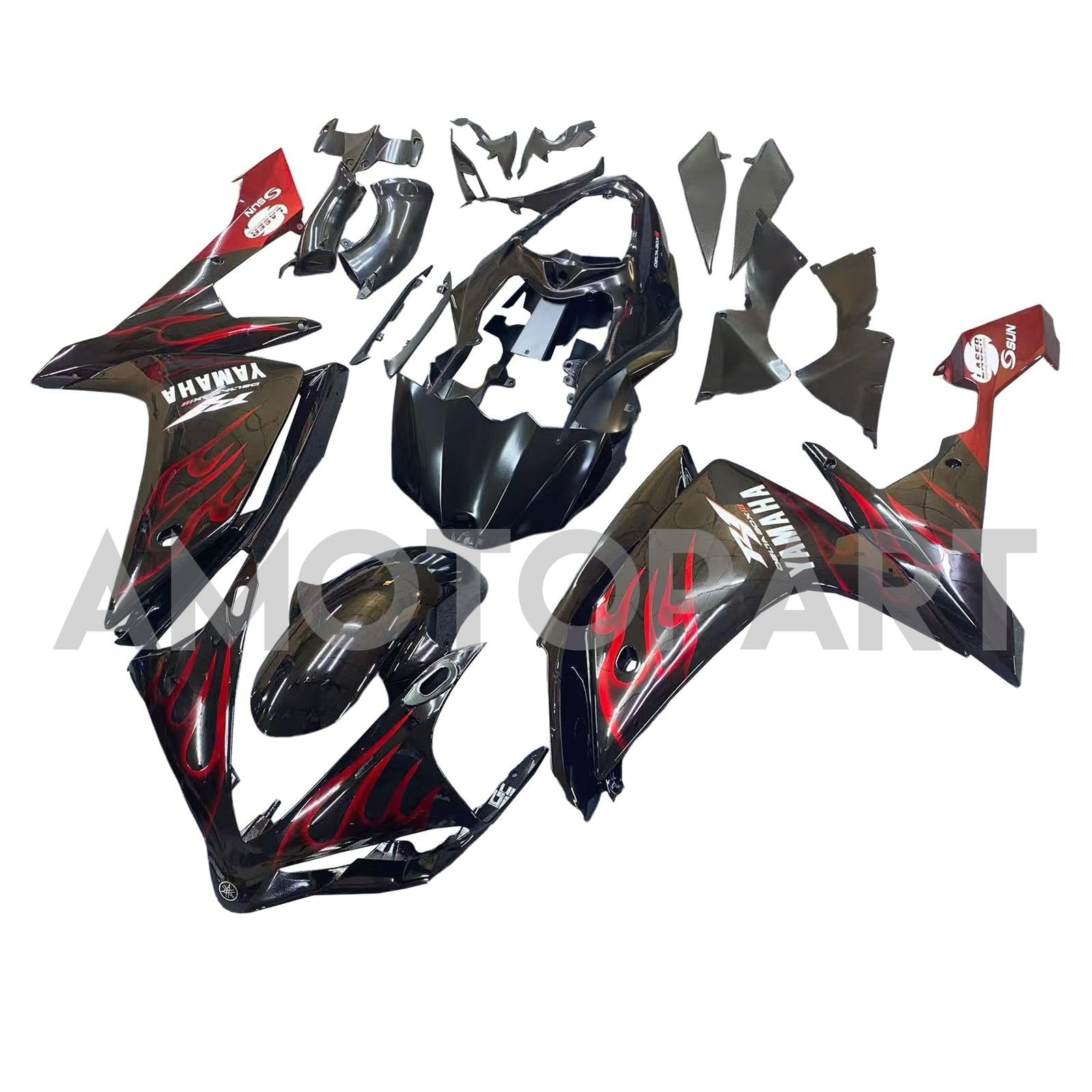 Amotopart 2007-2008 ヤマハ YZF 1000 R1 グロスブラック レッドフレームフェアリングキット付き