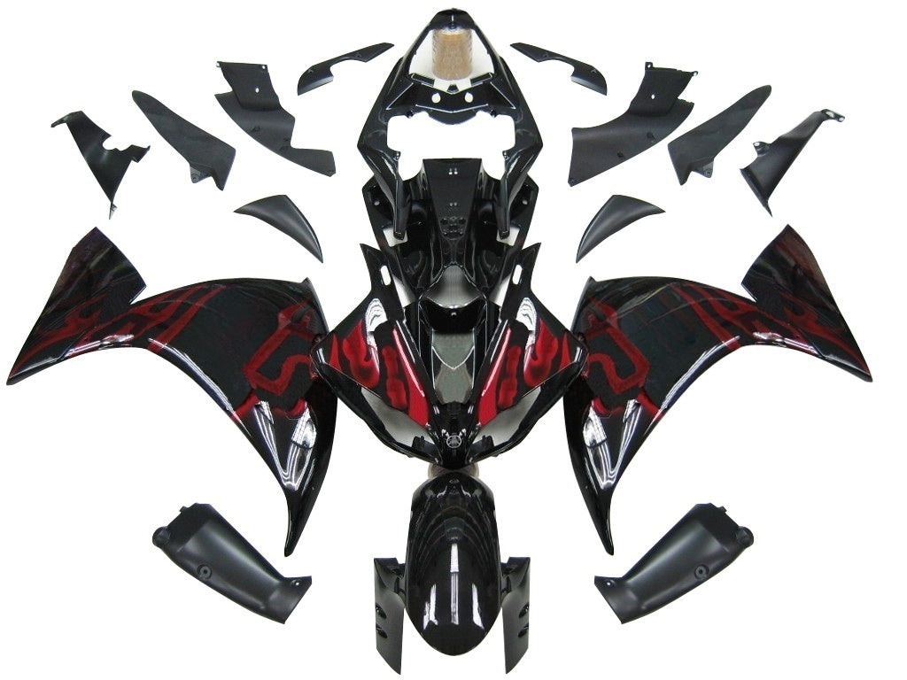 Amotopart 2009–2011 Yamaha YZF 1000 R1 Schwarz mit rotem Flammen-Verkleidungsset