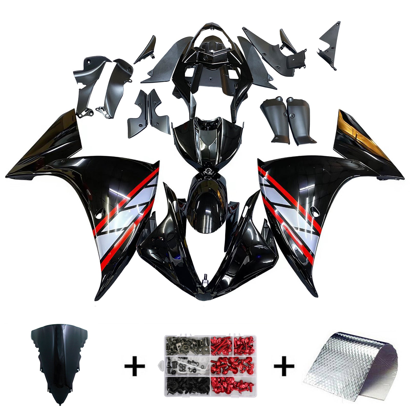 Amotopart 2009-2011 Yamaha YZF 1000 R1 Nero lucido con kit carenatura rossa