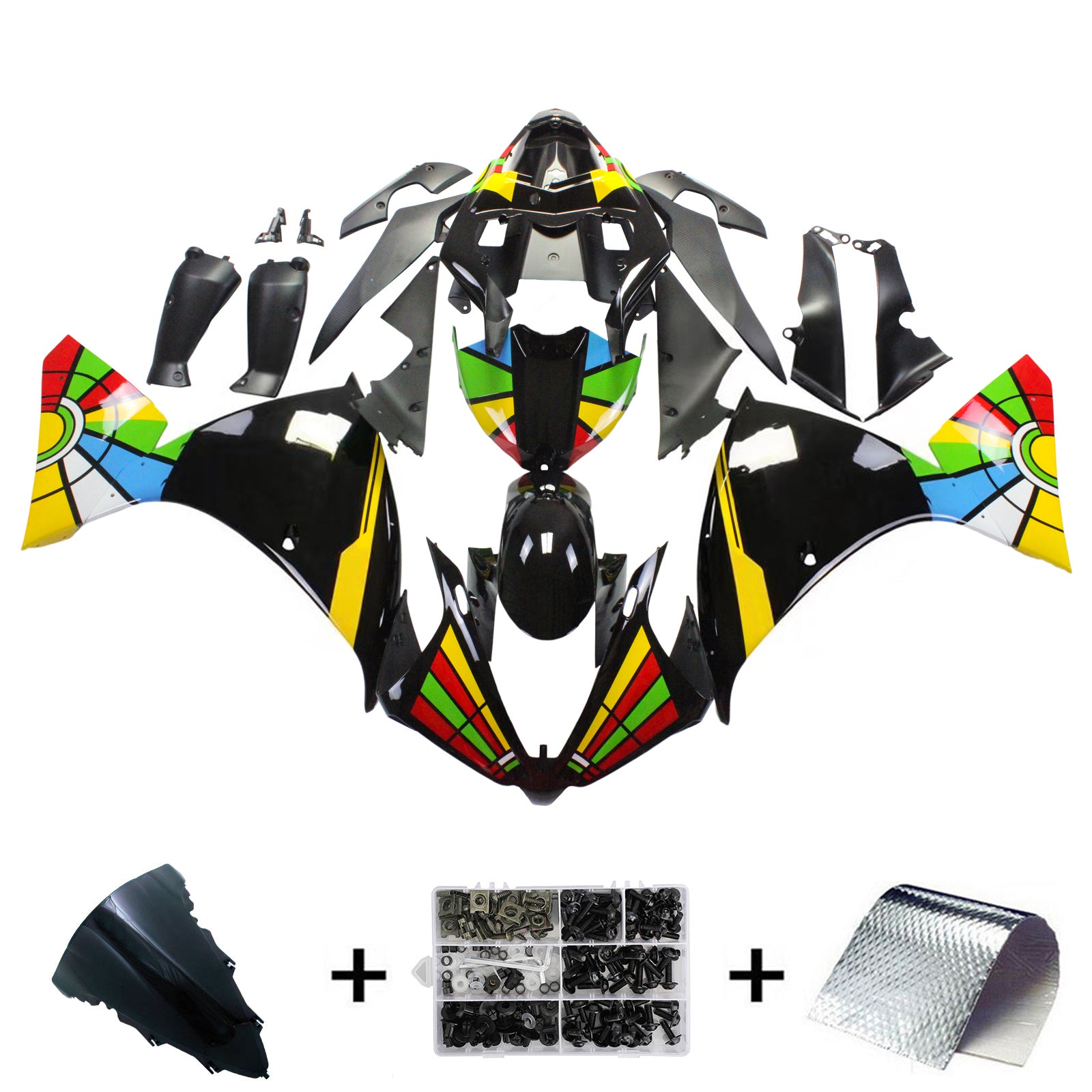 Amotopart Yamaha 2012-2014 YZF 1000 R1 Rainbow Black Fairing Kit