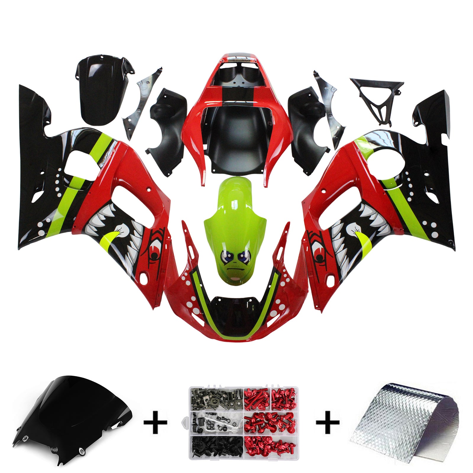 Amotopart 1998–2002 YZF 600 R6 Yamaha Rot&Verkleidungssatz für grüne Haifischzähne