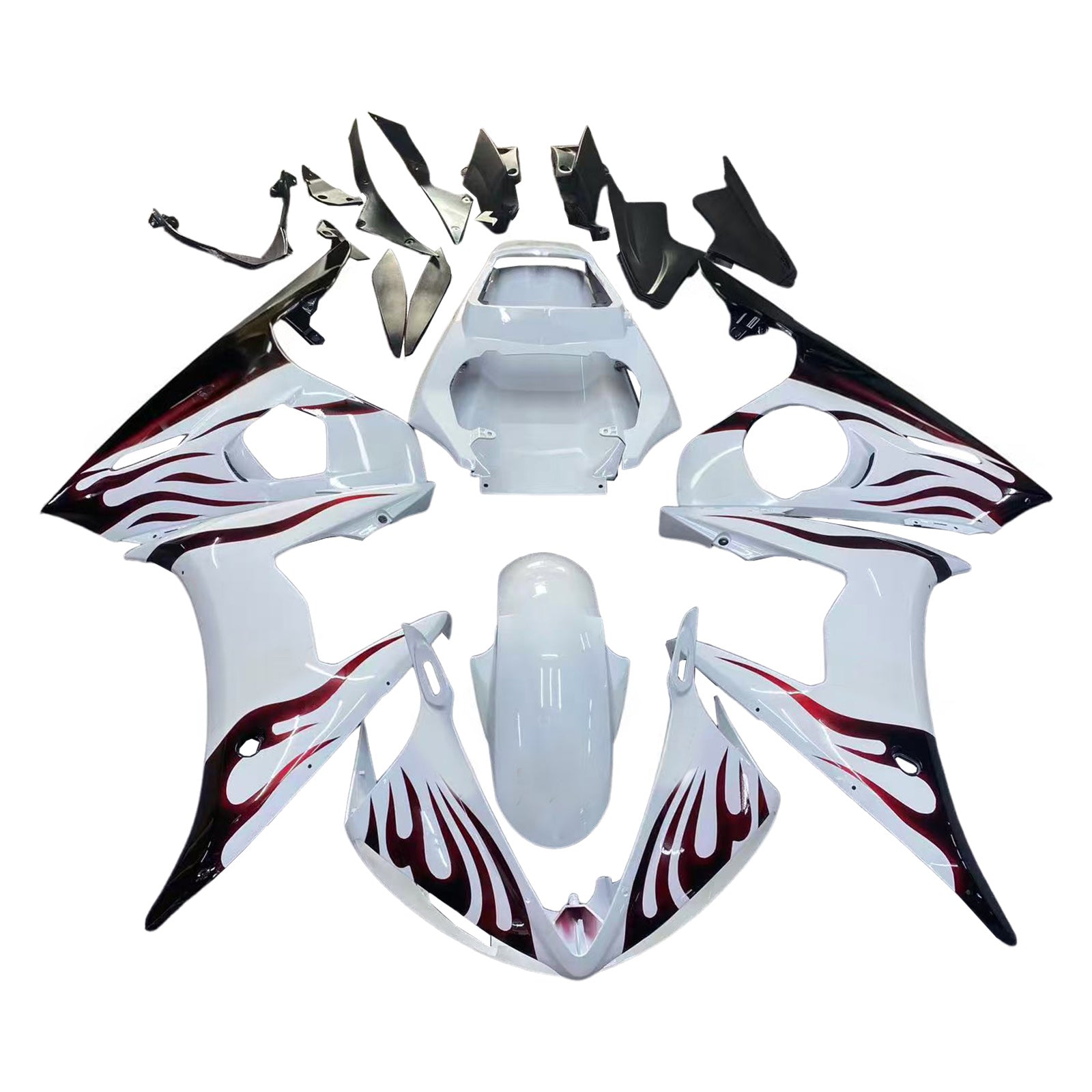 Amotopart 2003-2004 Yamaha R6 & 2006-2009 YZF R6s Fairing White & Black Flame Kit