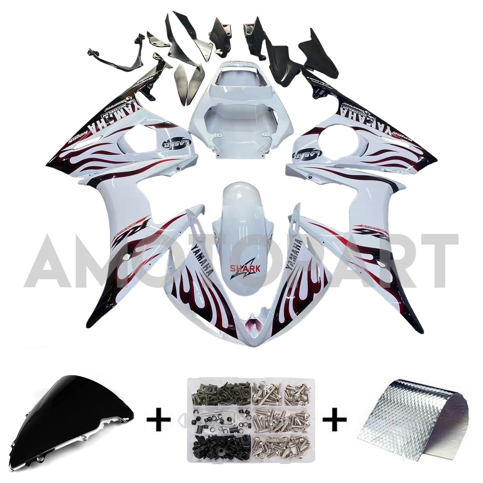 Amotopart 2003-2004 Yamaha R6 & 2006-2009 YZF R6S Fairing White&Black Flame Kit