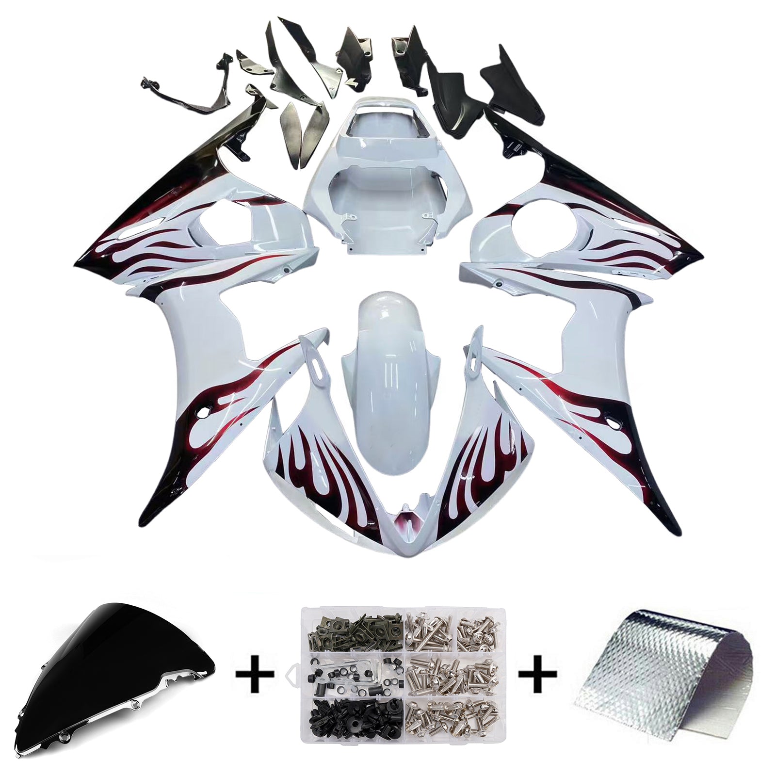 Amotopart 2003-2004 Yamaha R6 & 2006-2009 YZF R6s Fairing White & Black Flame Kit