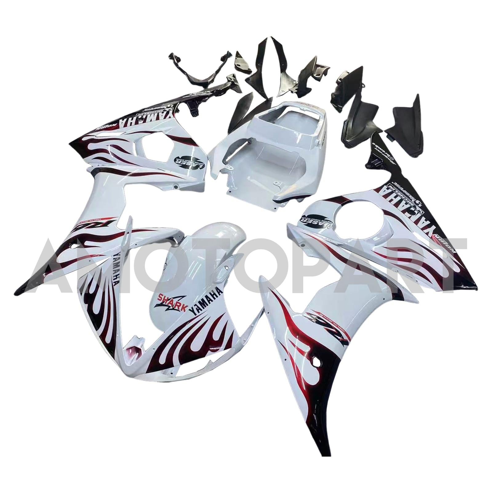 Amotopart 2003-2004 Yamaha R6 & 2006-2009 YZF R6S Fairing White&Black Flame Kit