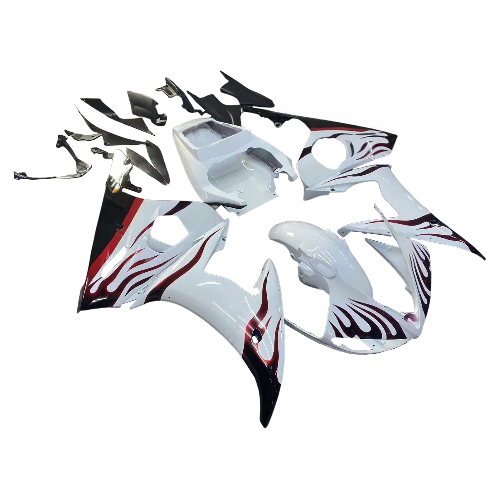 Amotopart 2003-2004 Yamaha R6 & 2006-2009 YZF R6s Fairing White & Black Flame Kit
