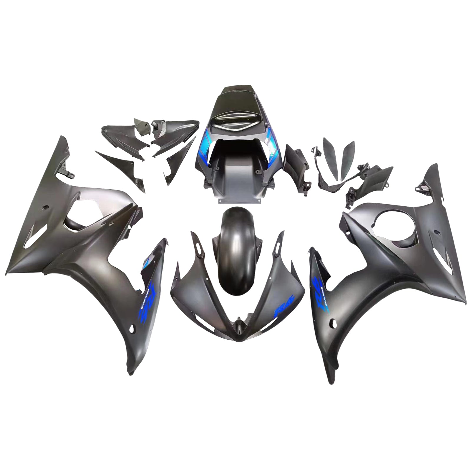 Amotopart Yamaha YZF 600 R6 2003-2004 R6S 2006-2009 Nero opaco con kit carena logo blu