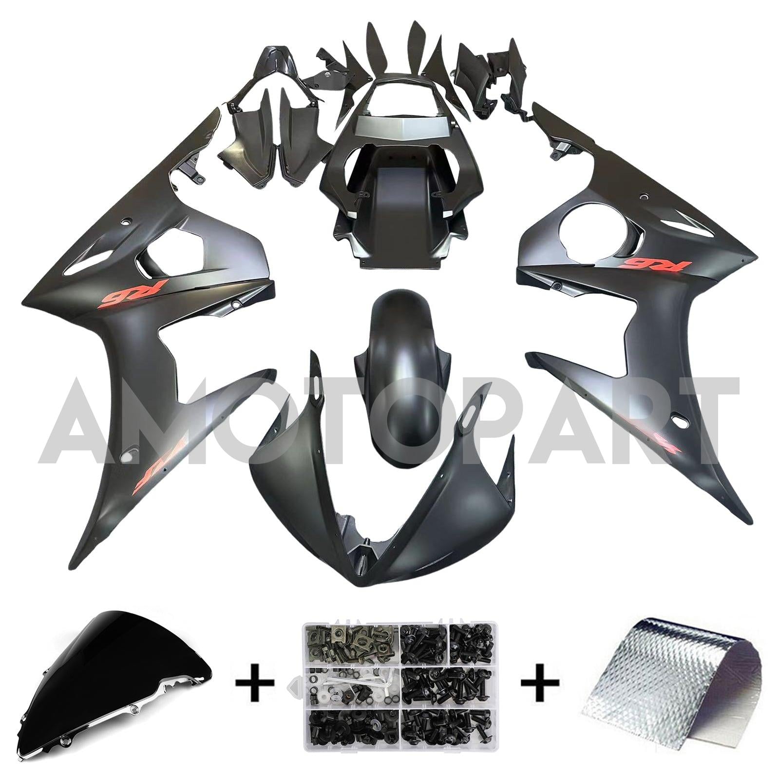 Amotopart Yamaha YZF 600 R6 2003-2004 R6S 2006-2009 Matt Black mit rotem Logoverkaufskit