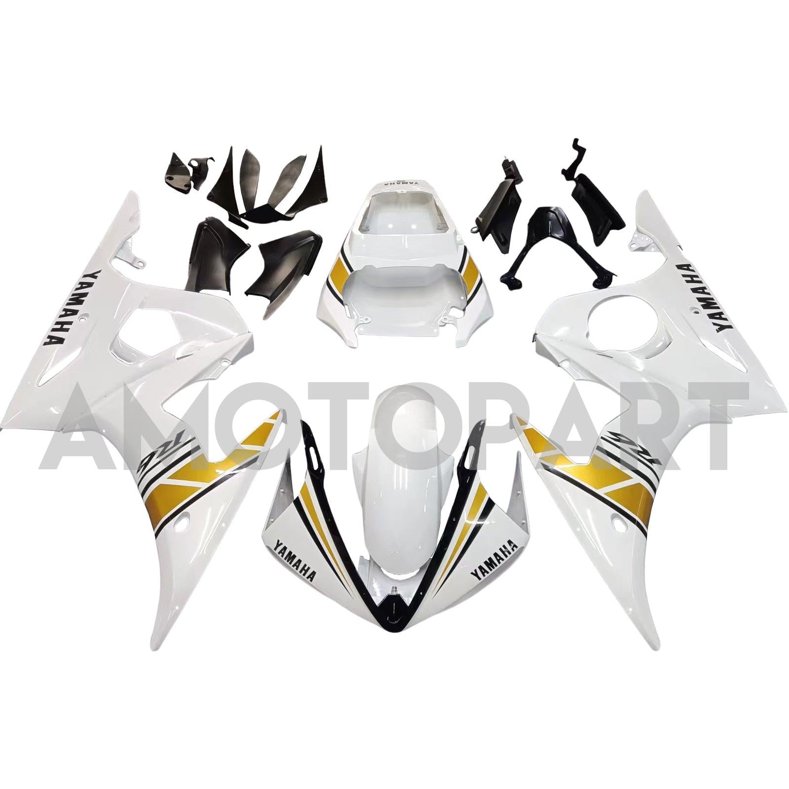 Amotopart 2003-2004 YZF 600 R6 & 2006-2009 YZF R6S Yamaha White & Gold Fairing Kit