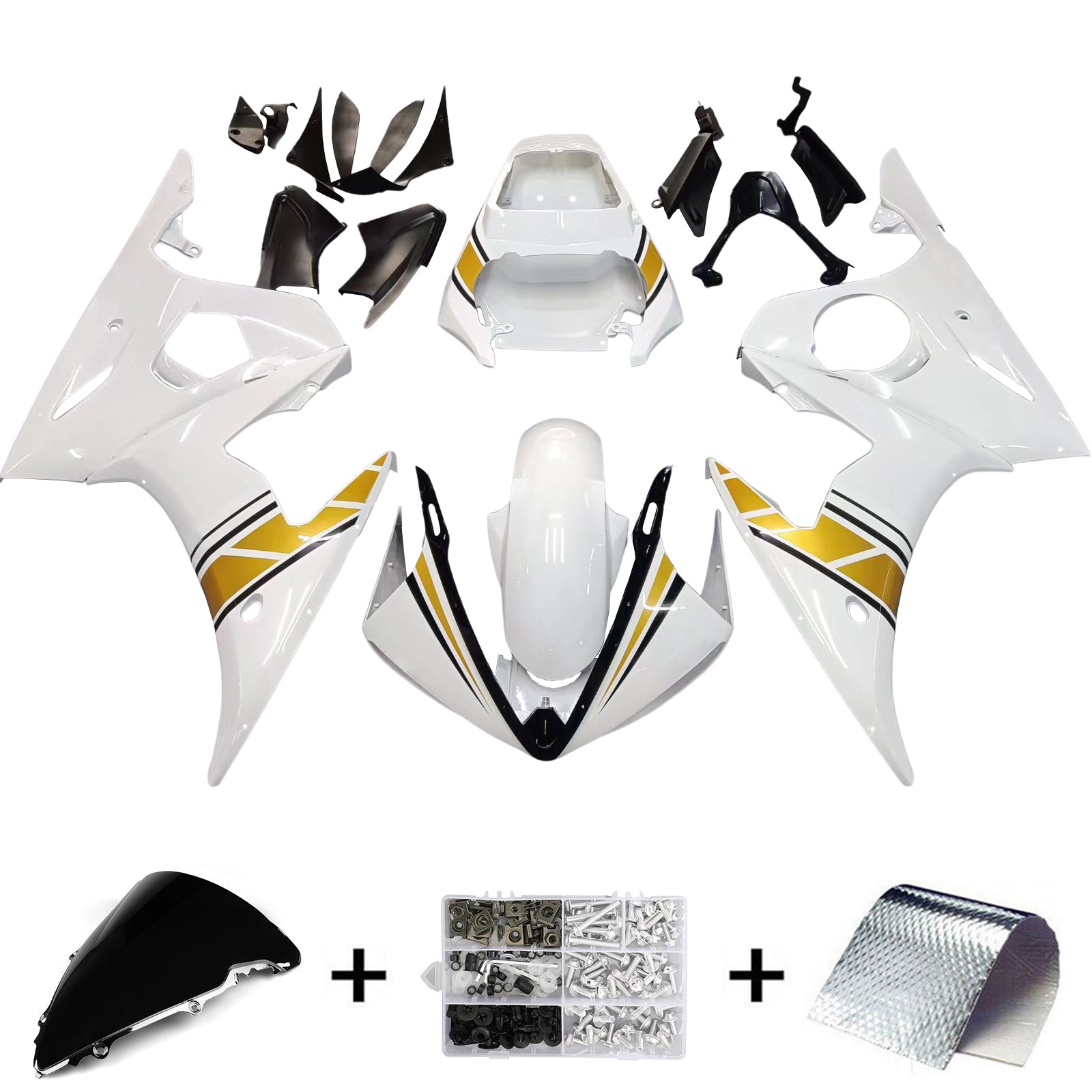 Amotopart 2003-2004 YZF 600 R6 & 2006-2009 YZF R6S Yamaha White & Gold Fairing Kit