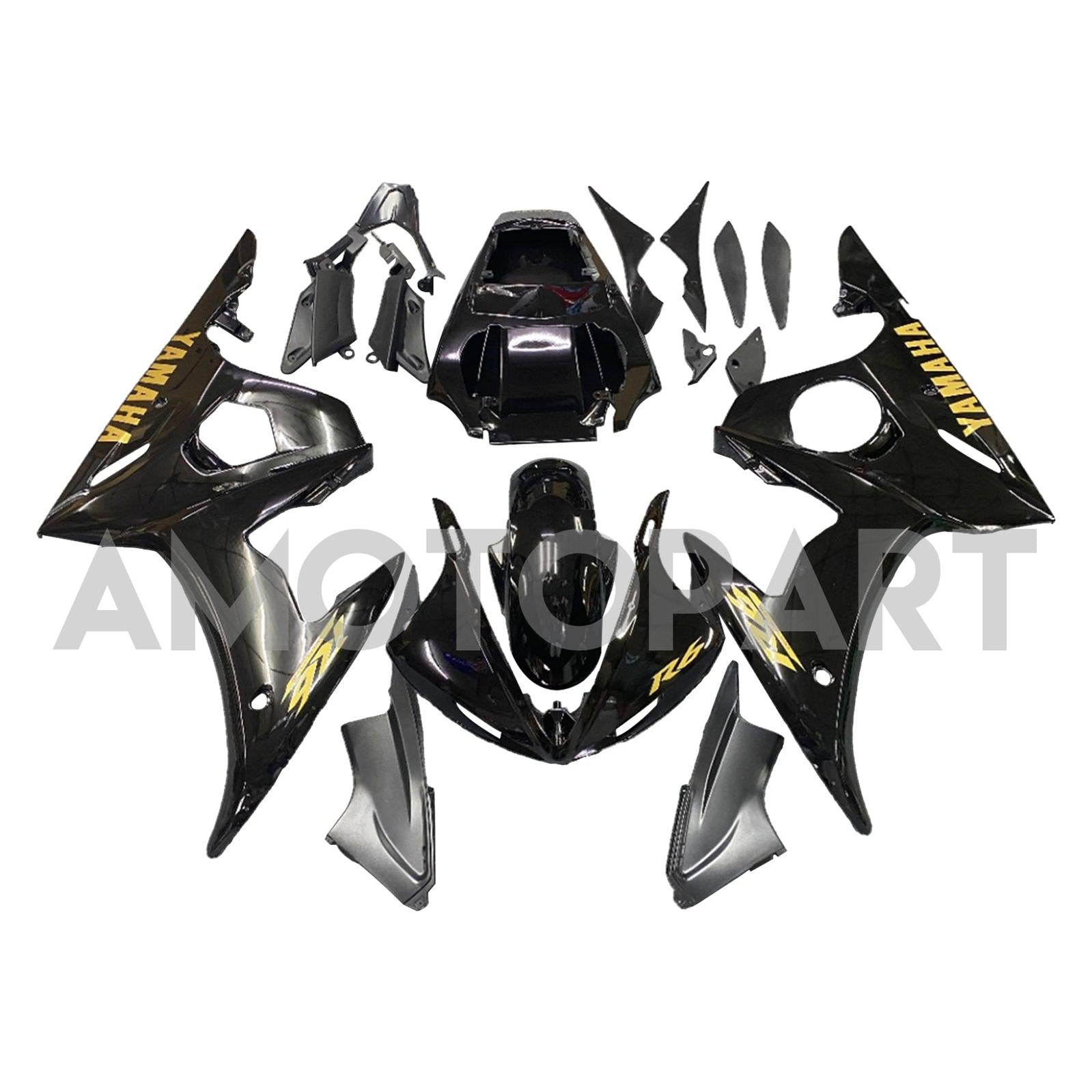 Amotopart Yamaha 2003-2004 YZF 600 R6 & 2006-2009 YZF R6S Black with Gold Logo Fairing Kit