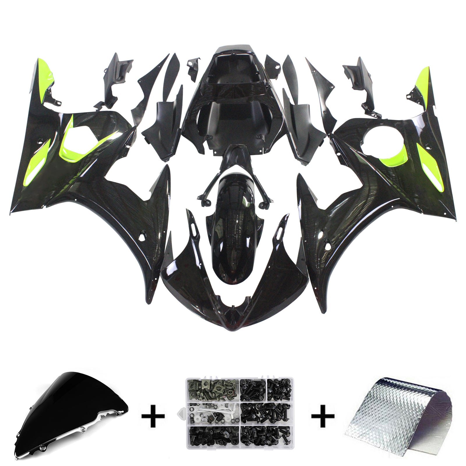 Amotopart Yamaha YZF 600 R6 2005 Black&Yellow Green Fairing Kit