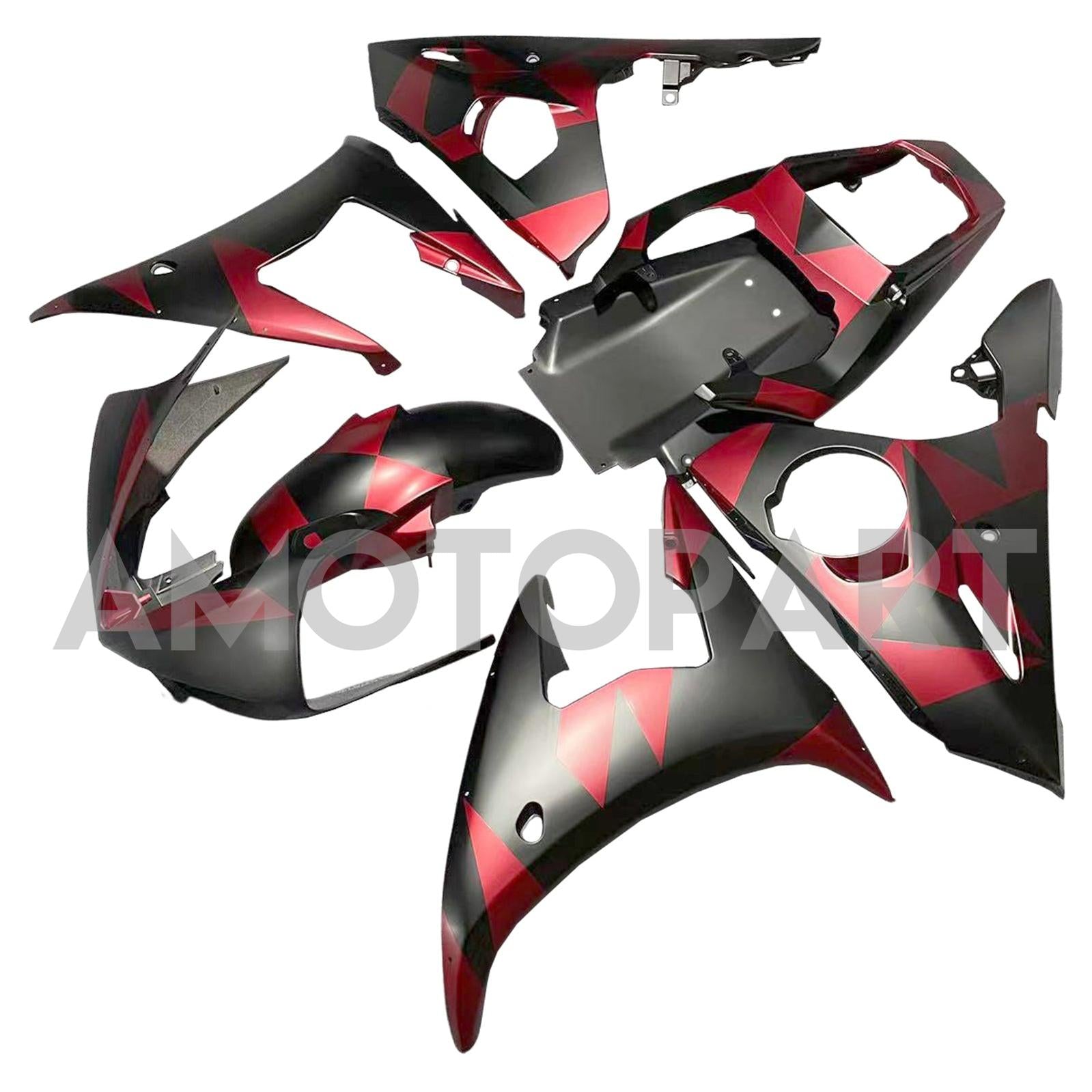 Amotopart 2005 Yamaha R6 Black & Red Geometric Pattern Fairing Kit