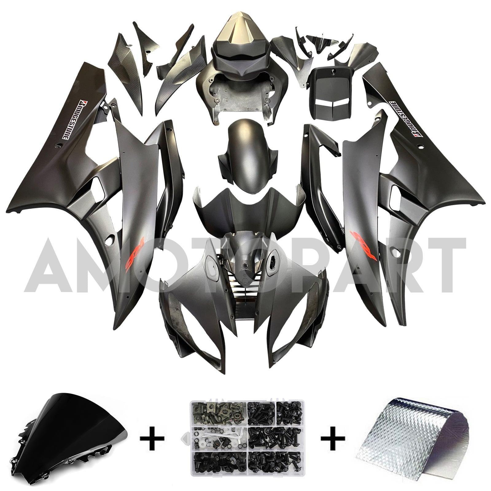 Amotopart-Verkleidungen Yamaha YZF-R6 2006-2007 Verkleidung Black Matte Bridgestone R6 Racing Abzugskit