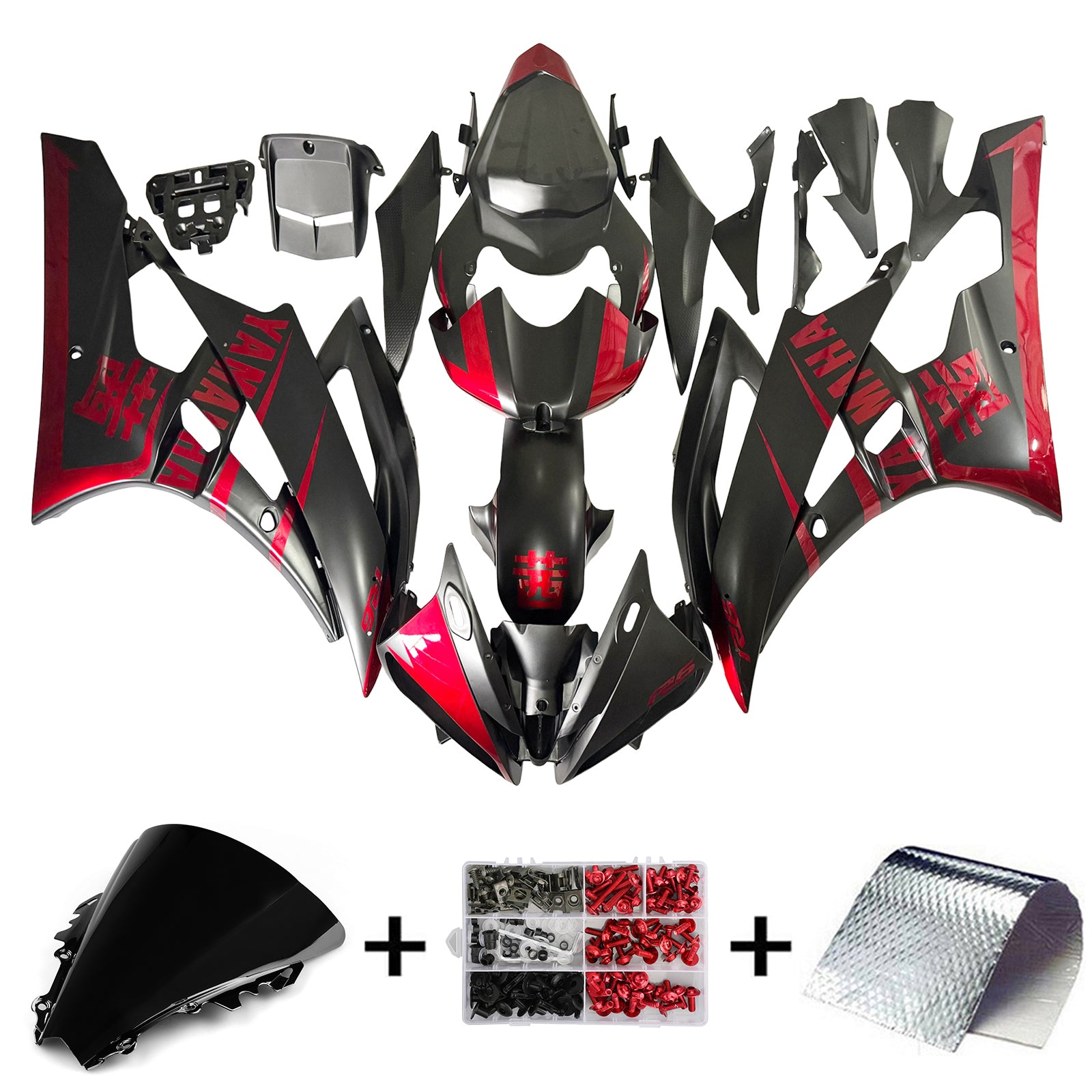 Amotopart 2006-2007 Yamaha Yzf 600 R6 Black mat avec un carénage de logo rouge