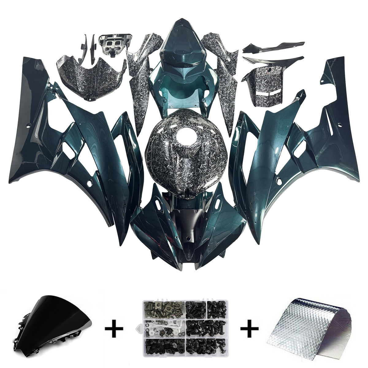 Amotopart 2006-2007 Yamaha YZF-R6 Green & Black Forged Carbon Fiber Pattern Fairing Kit