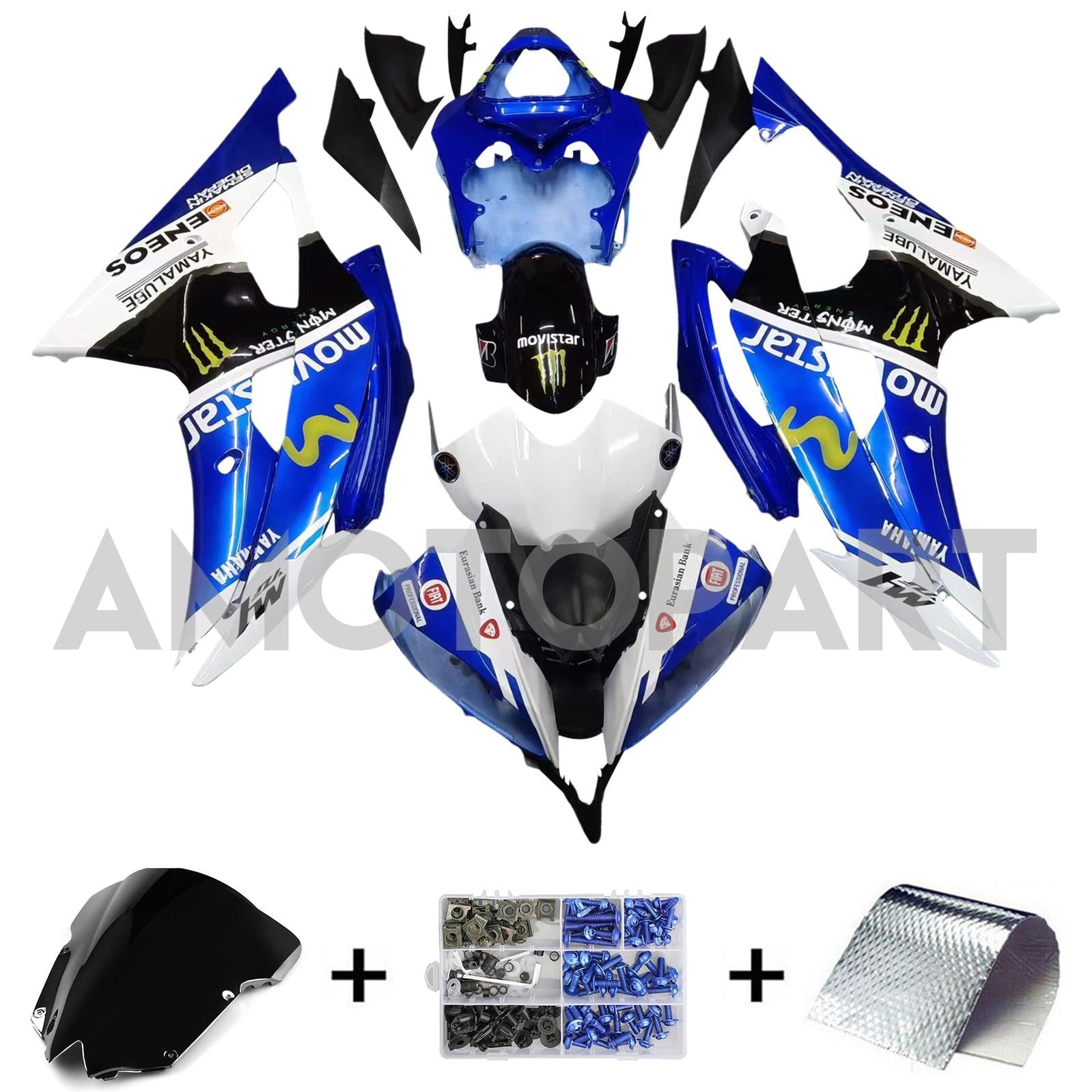 Amotopart 2008-2016 Yamaha YZF 600 R6 Schwarz&Weiß mit Logo-Verkleidungssatz
