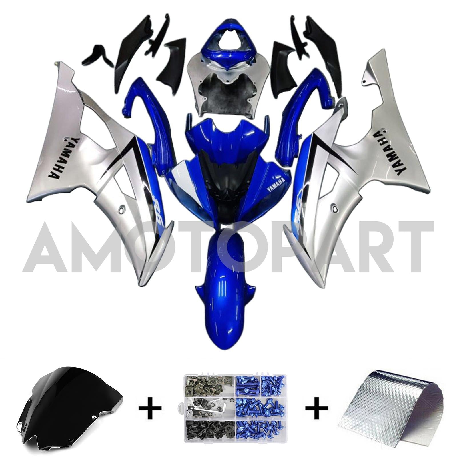 Amotopart 2008-2016 YZF 600 R6 Yamaha Blau&Silbernes Verkleidungsset