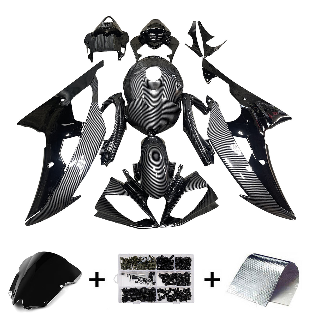 Amotopart 2008-2016 Yamaha YZF-R6 Carbon Fiber Pattern & Black Fairing Kit