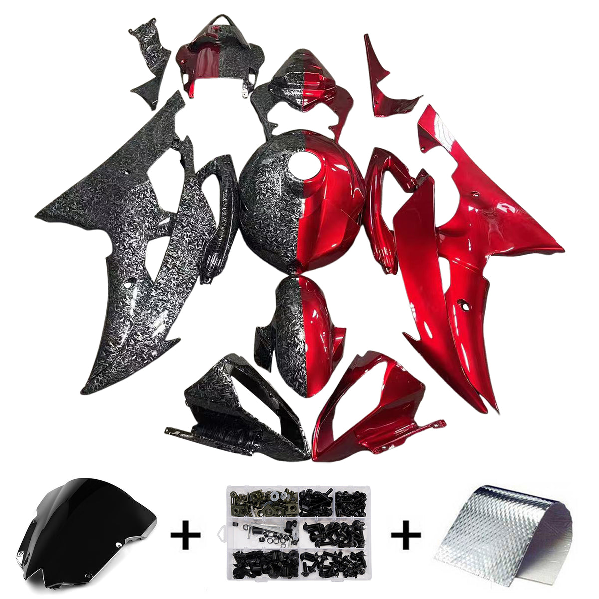Amotopart 2008-2016 Yamaha YZF-R6 Red & Forged Carbon Fiber Pattern Fairing Kit