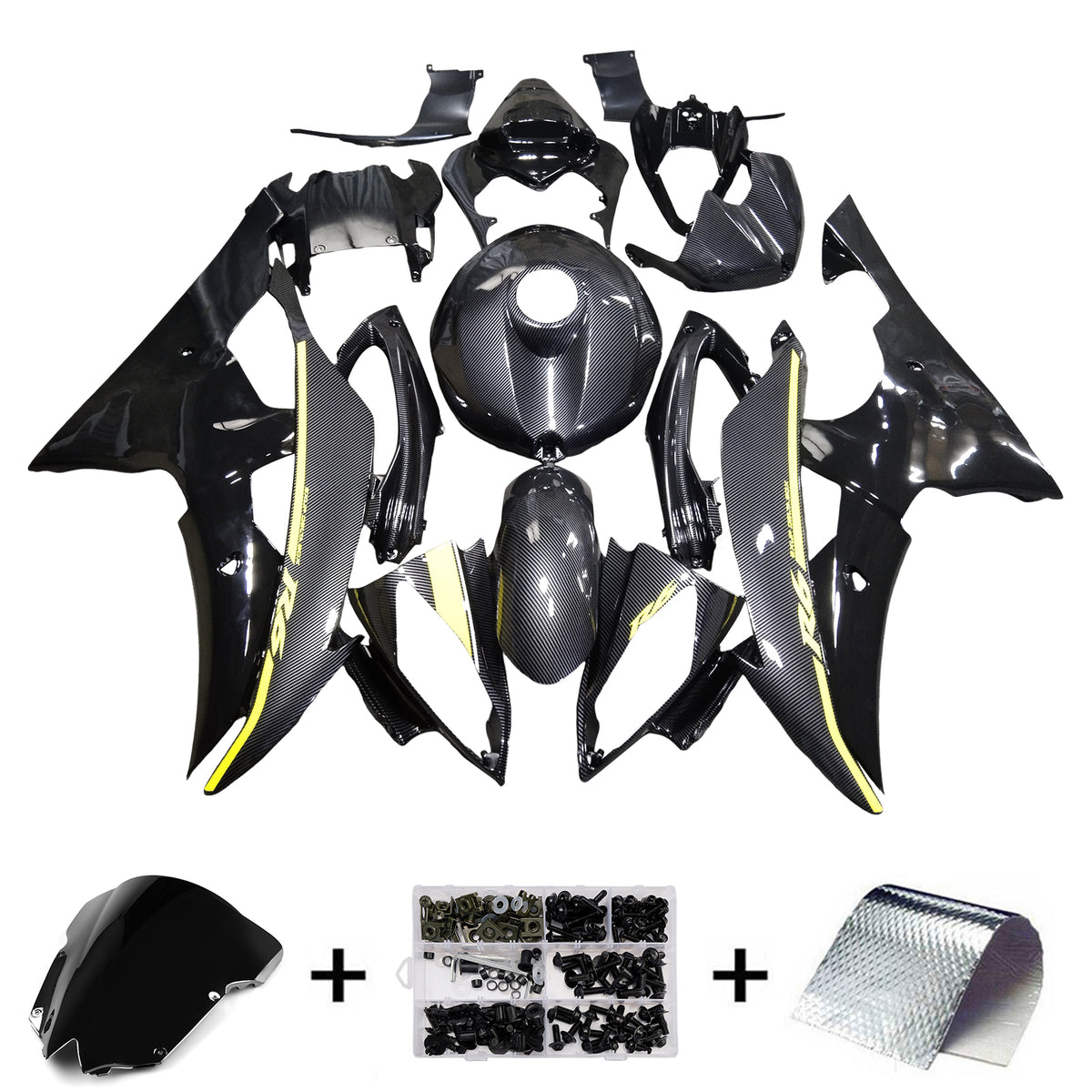 Amotopart 2008-2016 Yamaha YZF-R6 Yellow & Black Carbon Fiber Pattern Fairing Kit