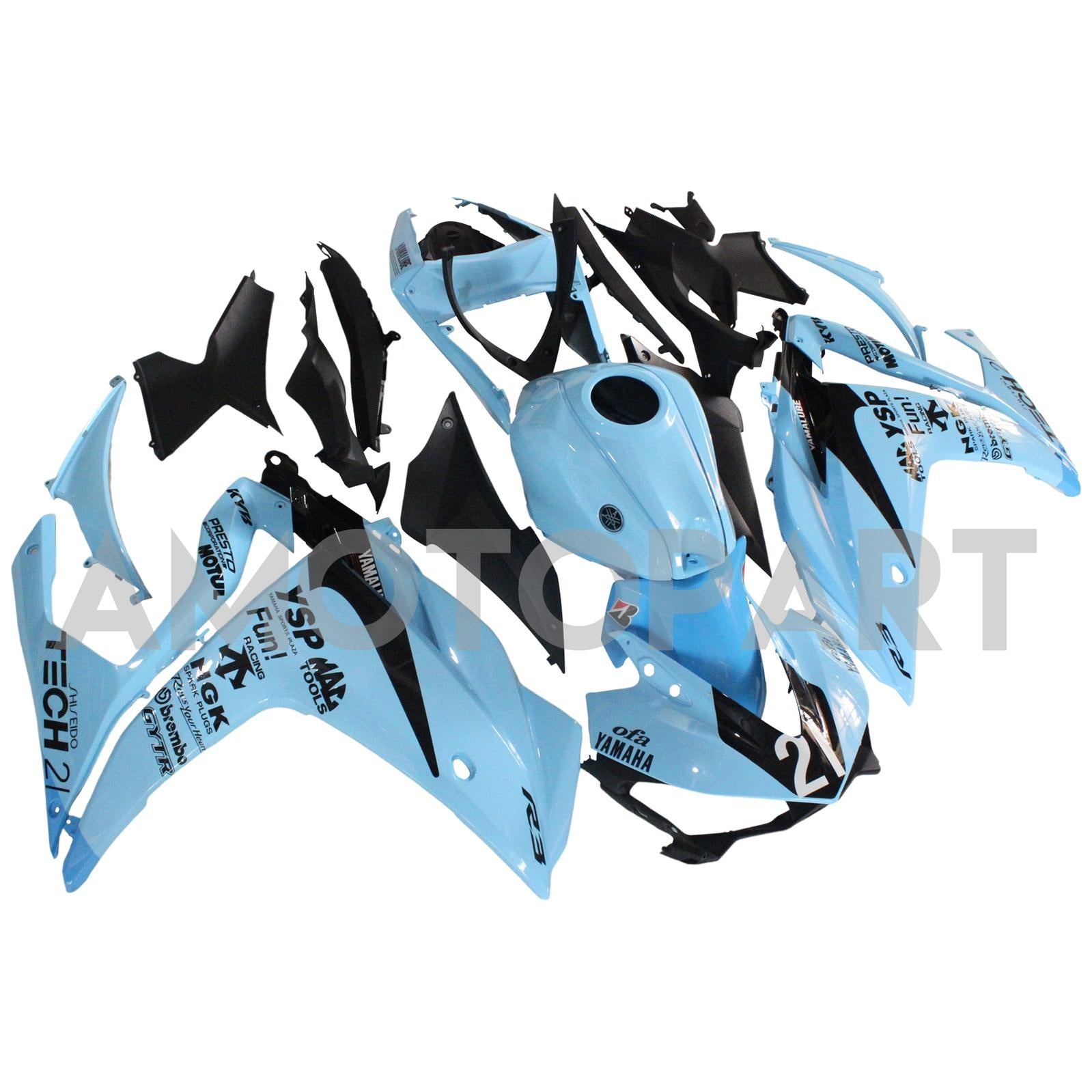 Amotopart Verkleidungskit Yamaha 2014-2018 YZF R3 & 2015–2017 YZF R25 Schwarz-Blau-Verkleidungssatz