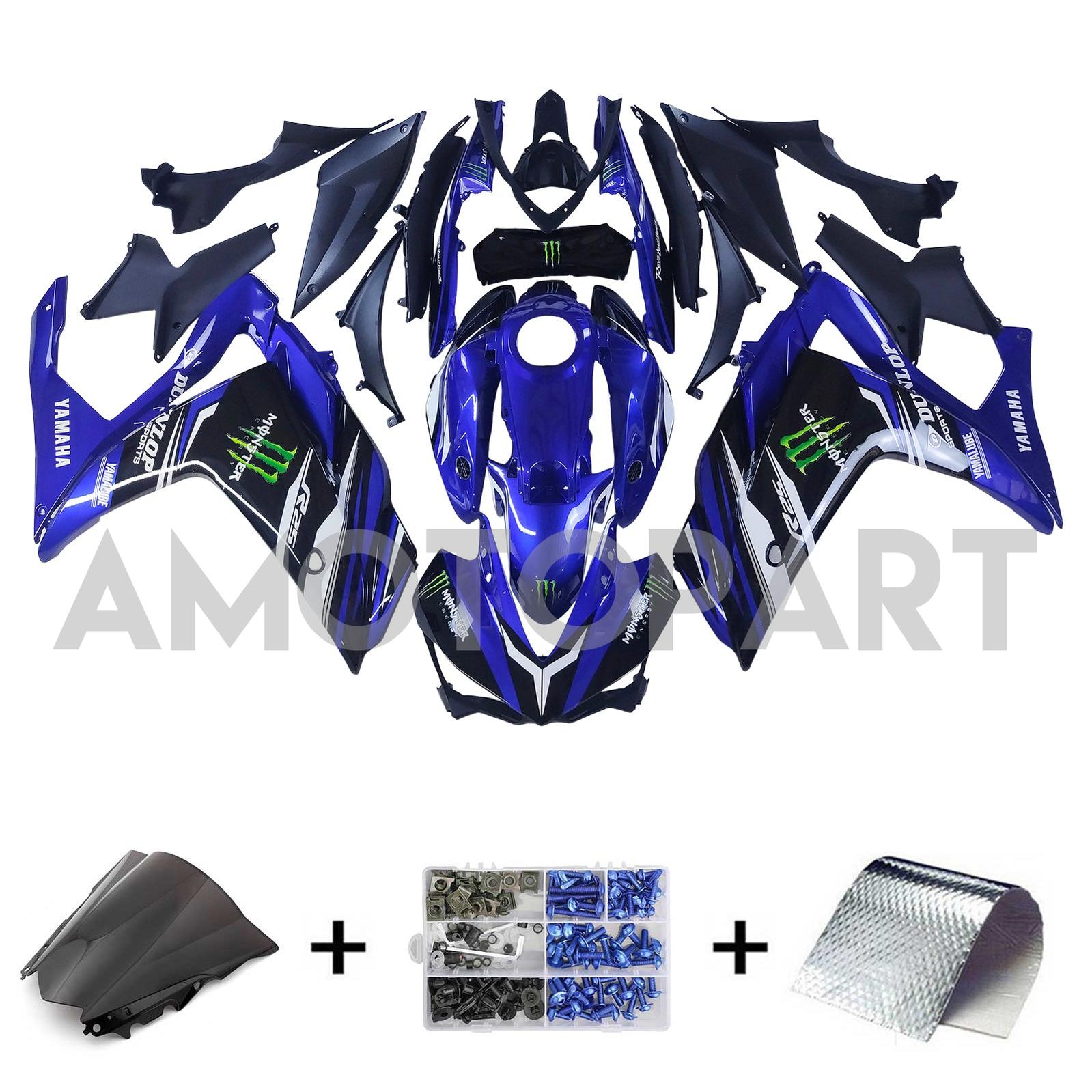 Kit de carenagem AMOTOPT YAMAHA 2014-2018 YZF R3 e 2015-2017 YZF R25 Kit de carenagem de garra azul preto preto