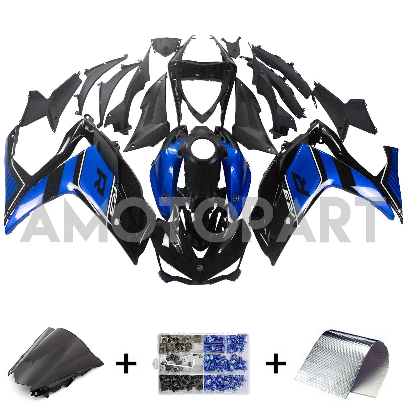 Amotopart Fairing Kit Yamaha 2014-2018 YZF R3 & 2015-2017 YZF R25 Black Blue R Fairing Kit