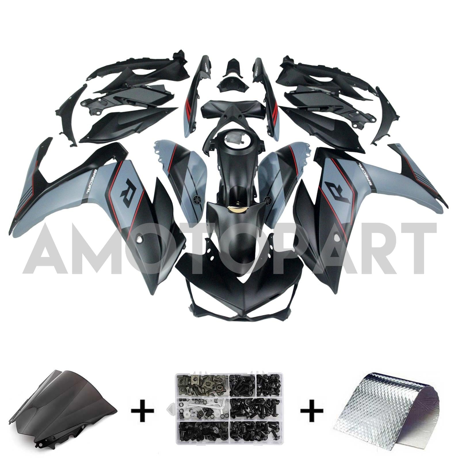Amotopart Fairing Kit Yamaha 2014-2018 YZF R3 & 2015-2017 YZF R25 Black Mix Gray Fairing Kit