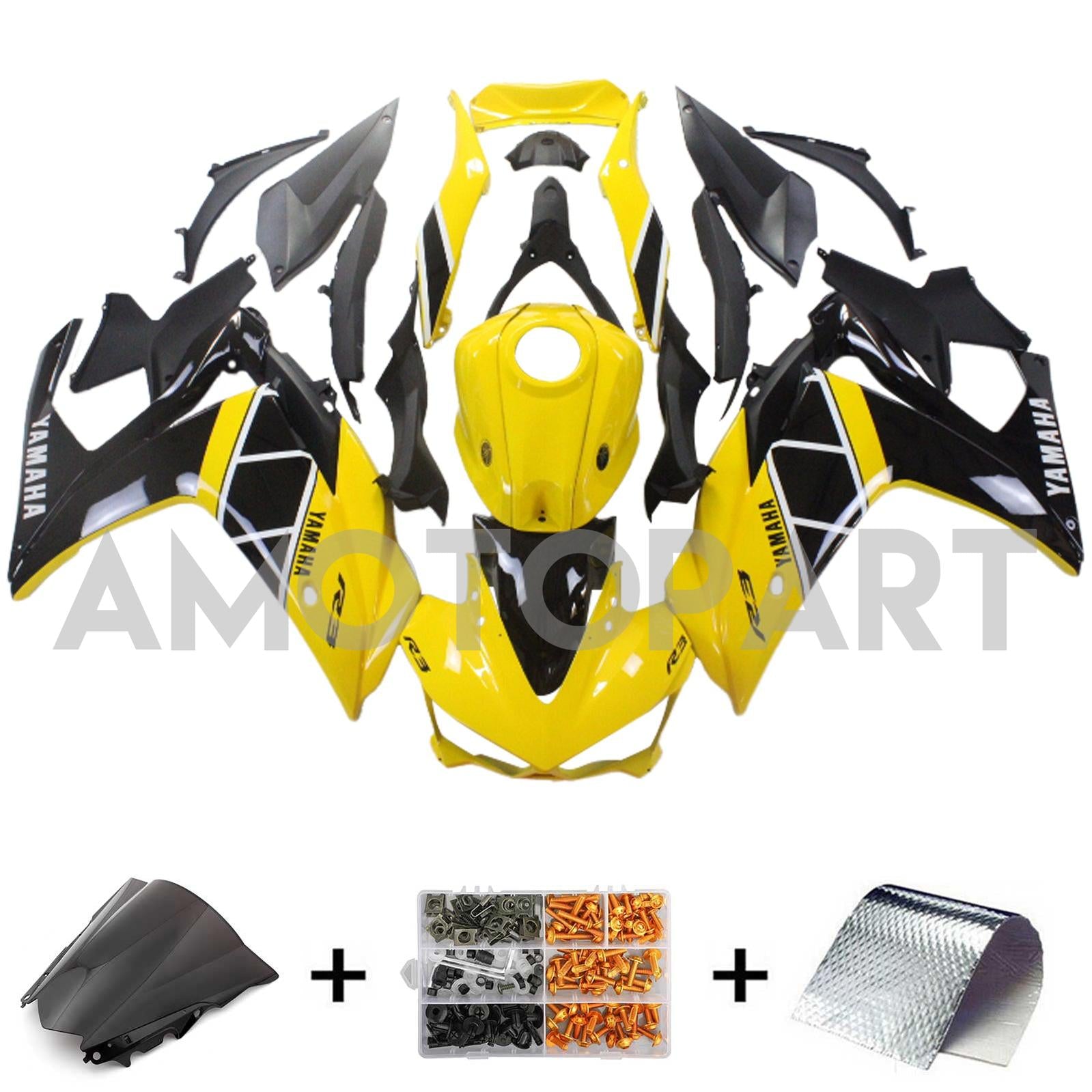 Kit de carenagem AMOTOPT YAMAHA 2014-2018 YZF R3 e 2015-2017 YZF R25 Black Yellow Mix Faiting Kit
