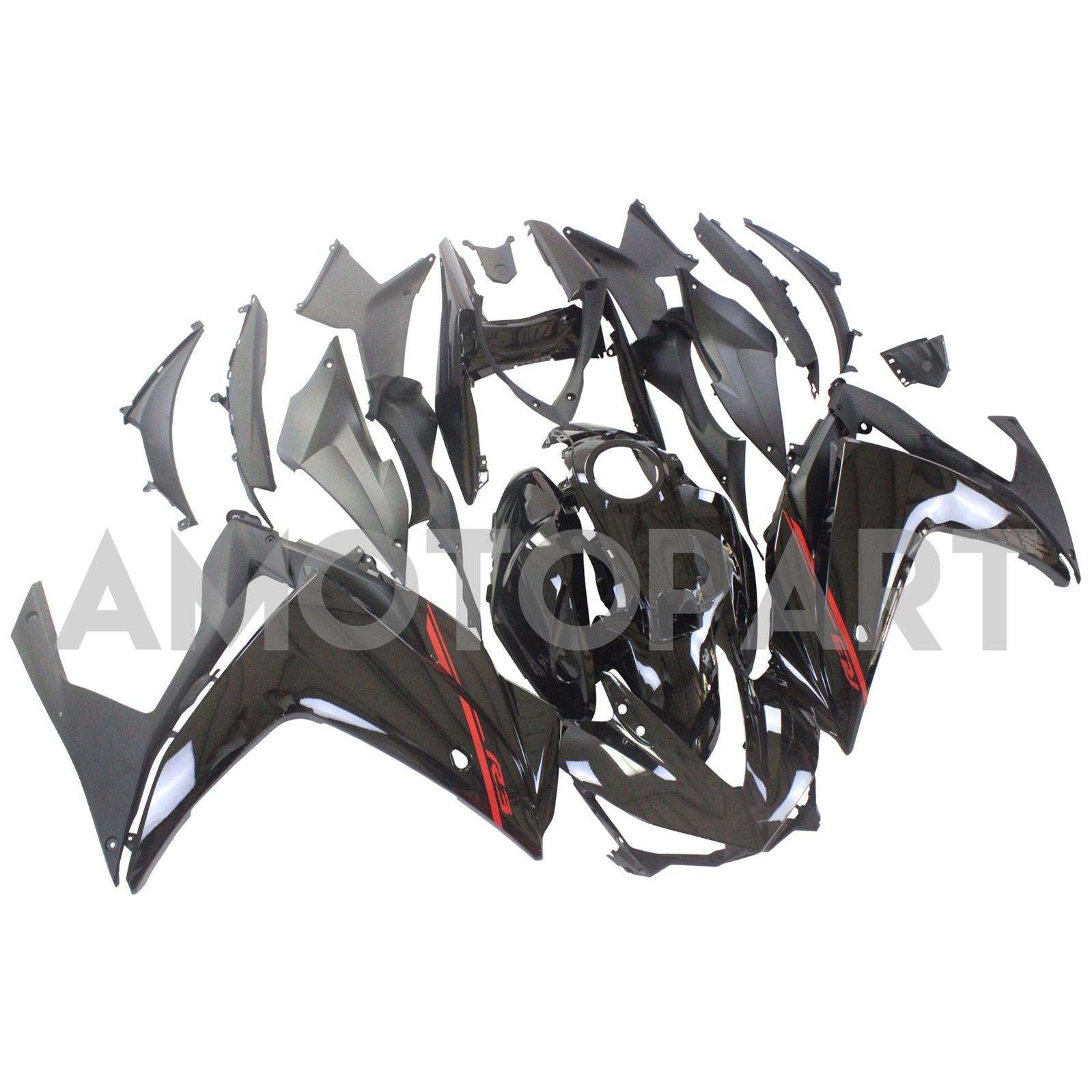Amotopart Yamaha YZF-R3 2014–2018 R25 2015–2017 Schwarz&Rotes Style2-Verkleidungskit