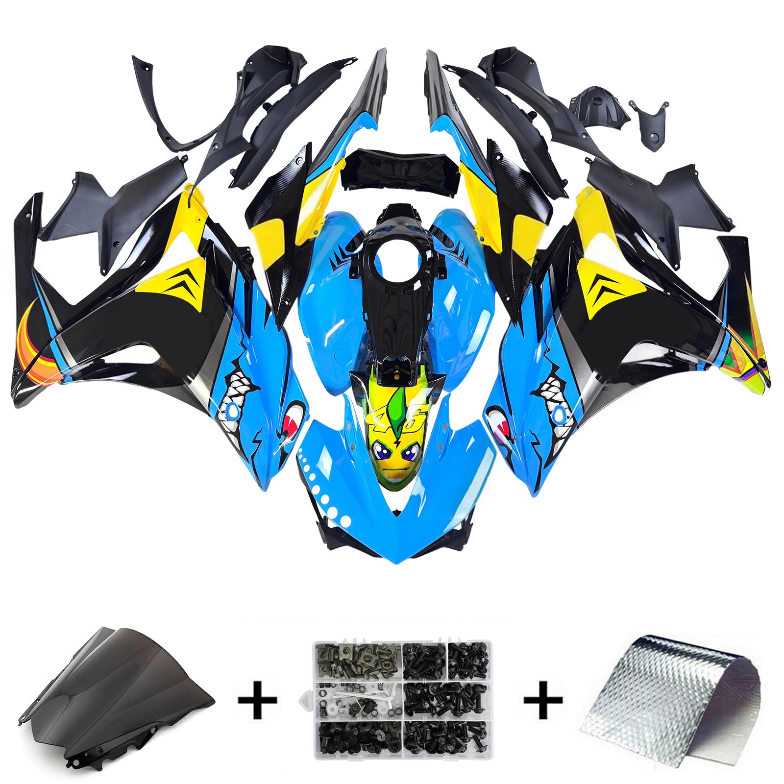 Amotopart YZF-R3 2014-2018 R25 2015-2017 ヤマハ ブルー&イエロー シャークティース フェアリングキット