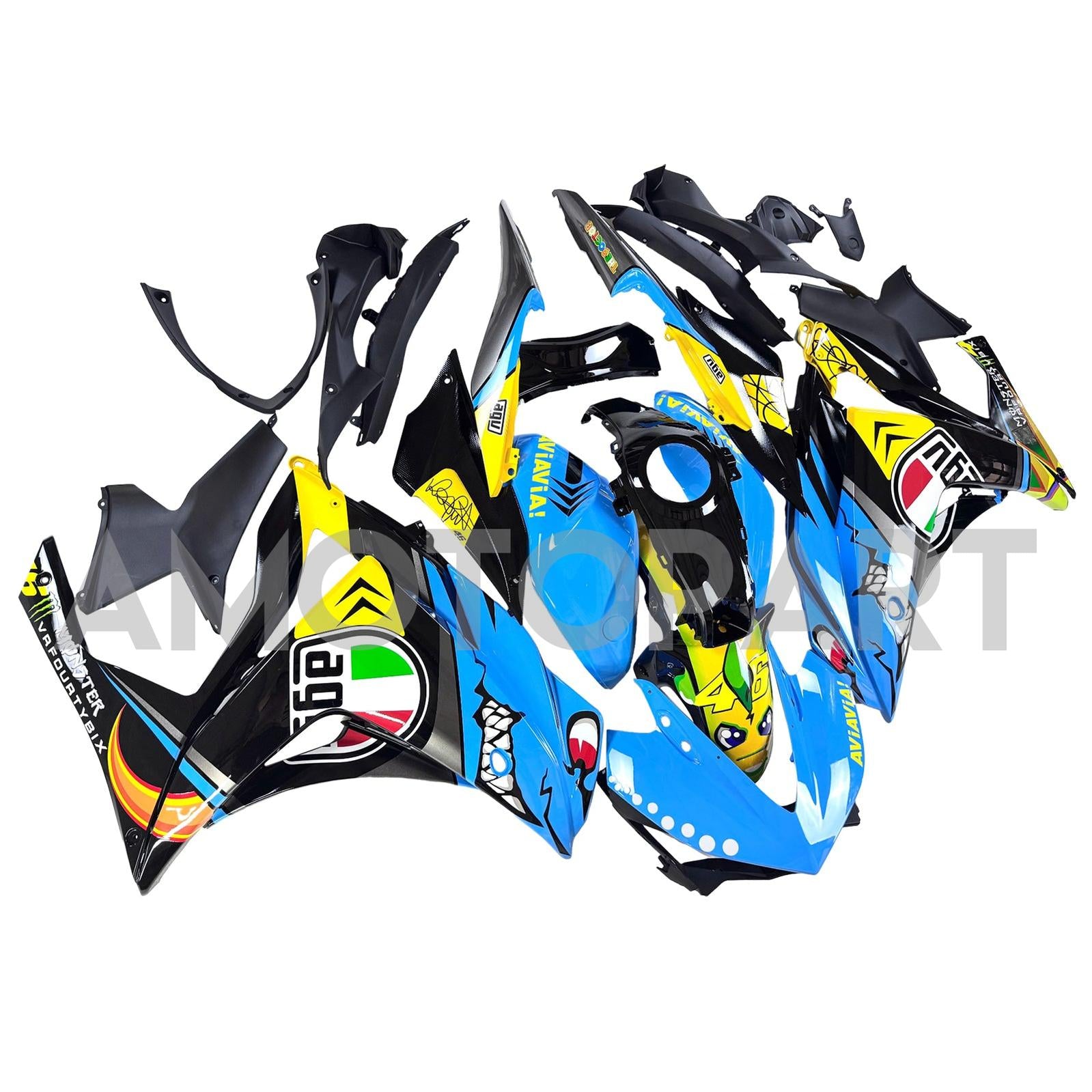 Amotopart YZF-R3 2014-2018 R25 2015-2017 ヤマハ ブルー&イエロー シャークティース フェアリングキット