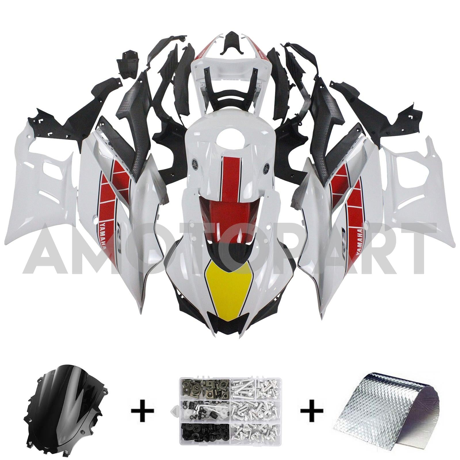Amotopart Yamaha 2019-2021 YZF R3/YZF R25 White Red Fairing Kit